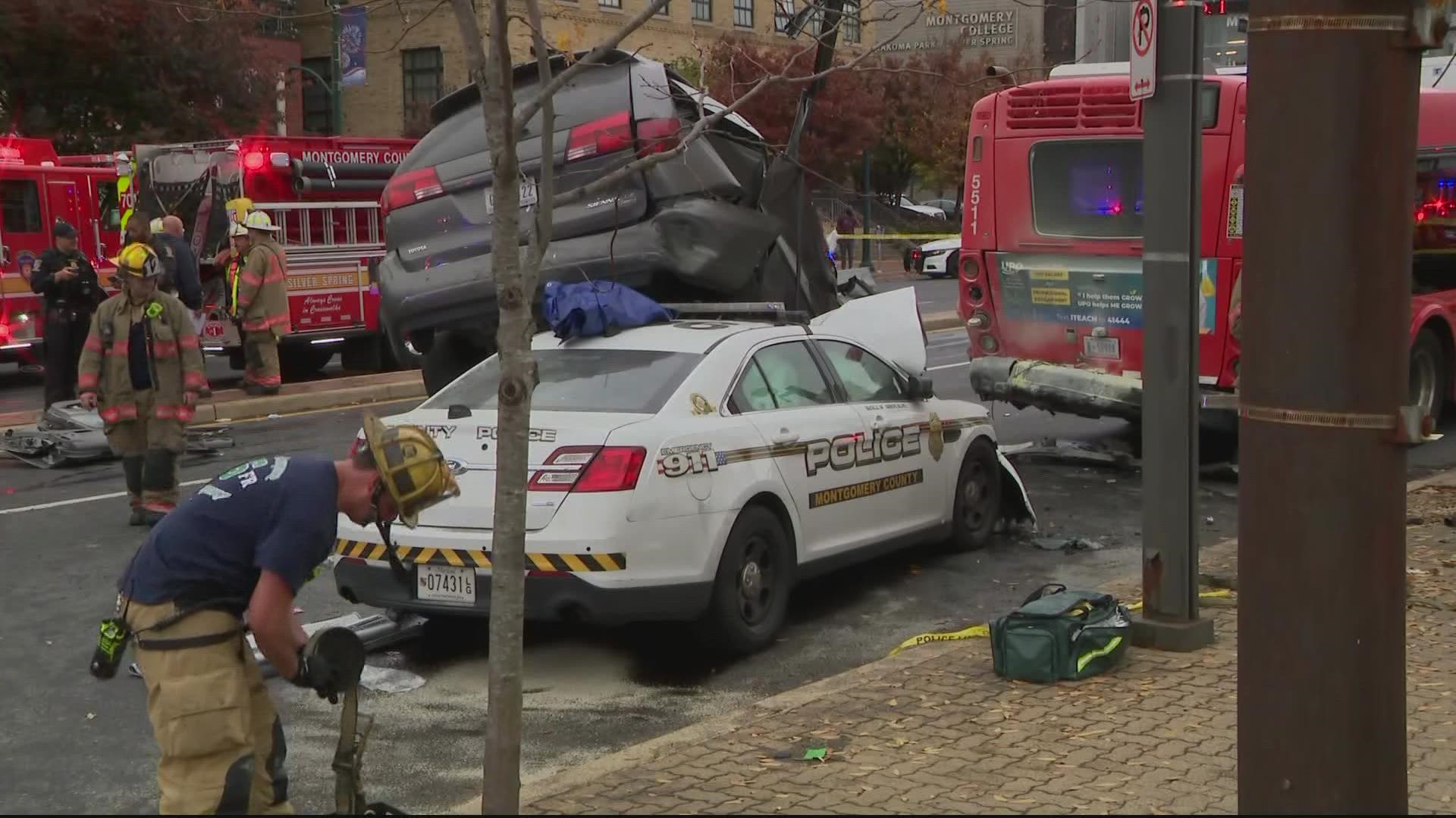 Three men are facing multiple charges after they crashed a van into the back of a Metro bus during a police chase Monday afternoon in Silver Spring, Maryland.