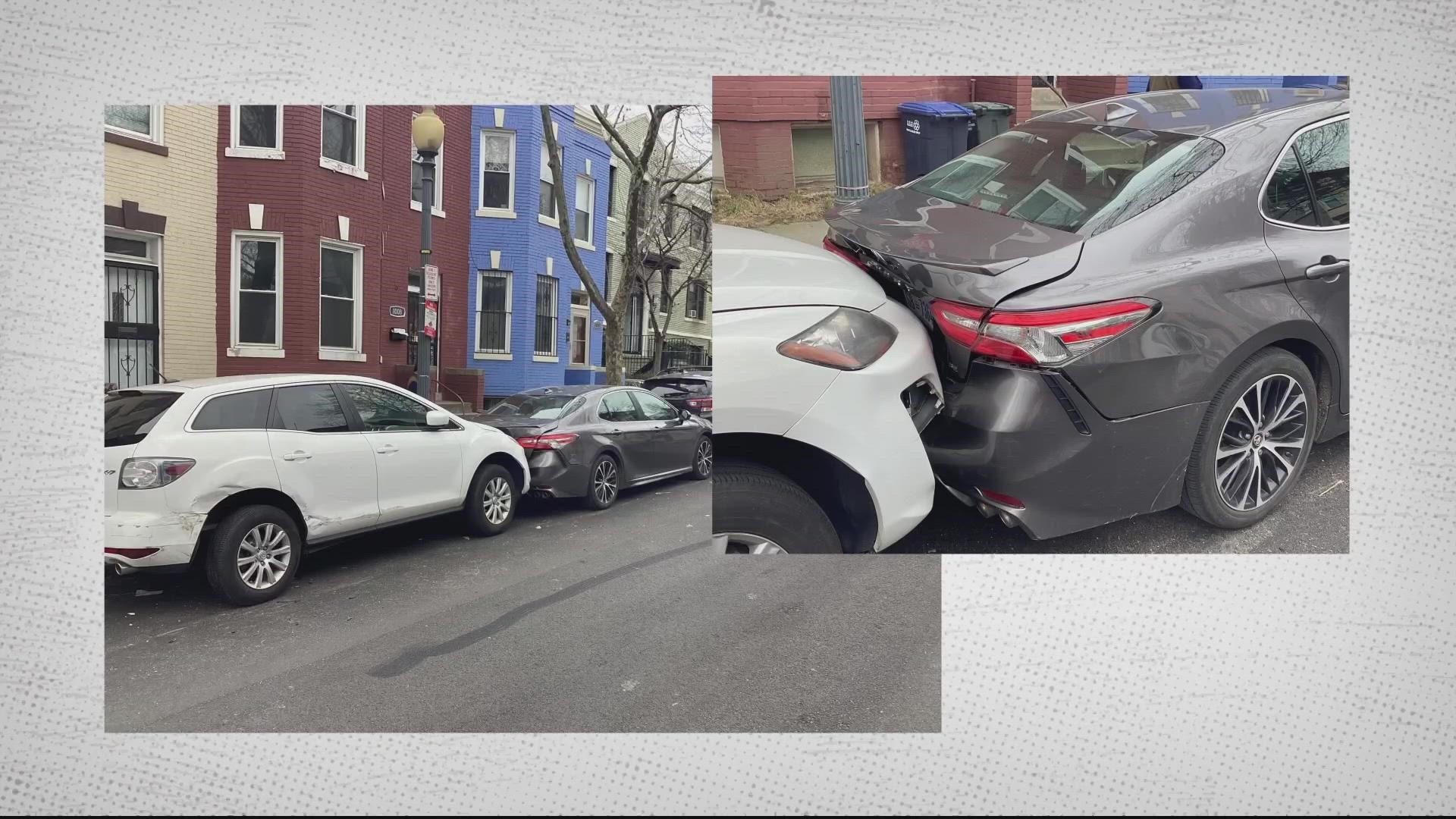 Columbia Heights neighbors are searching for the driver of a car that smashed into three of theirs Sunday night.