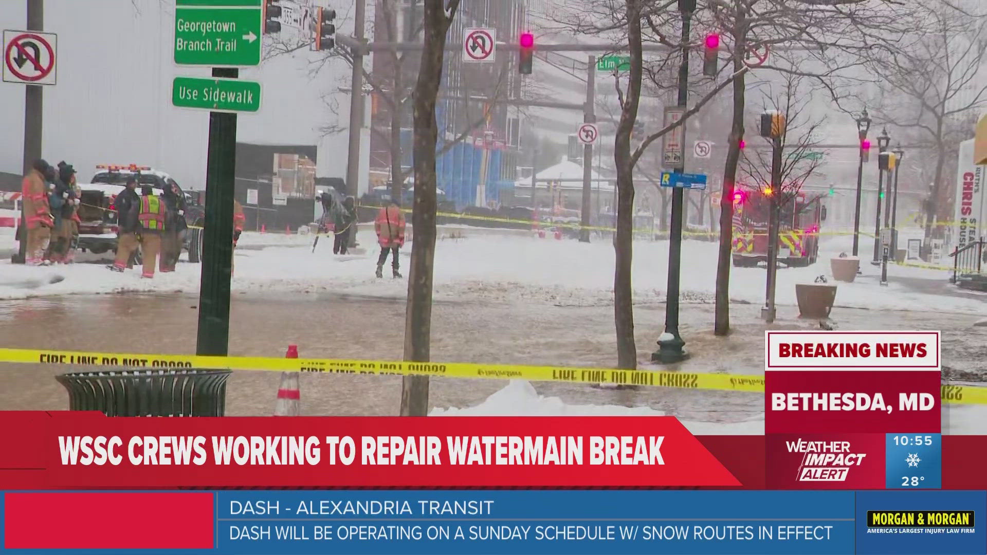 Water main break turns Bethesda street into a river on snowy day ...