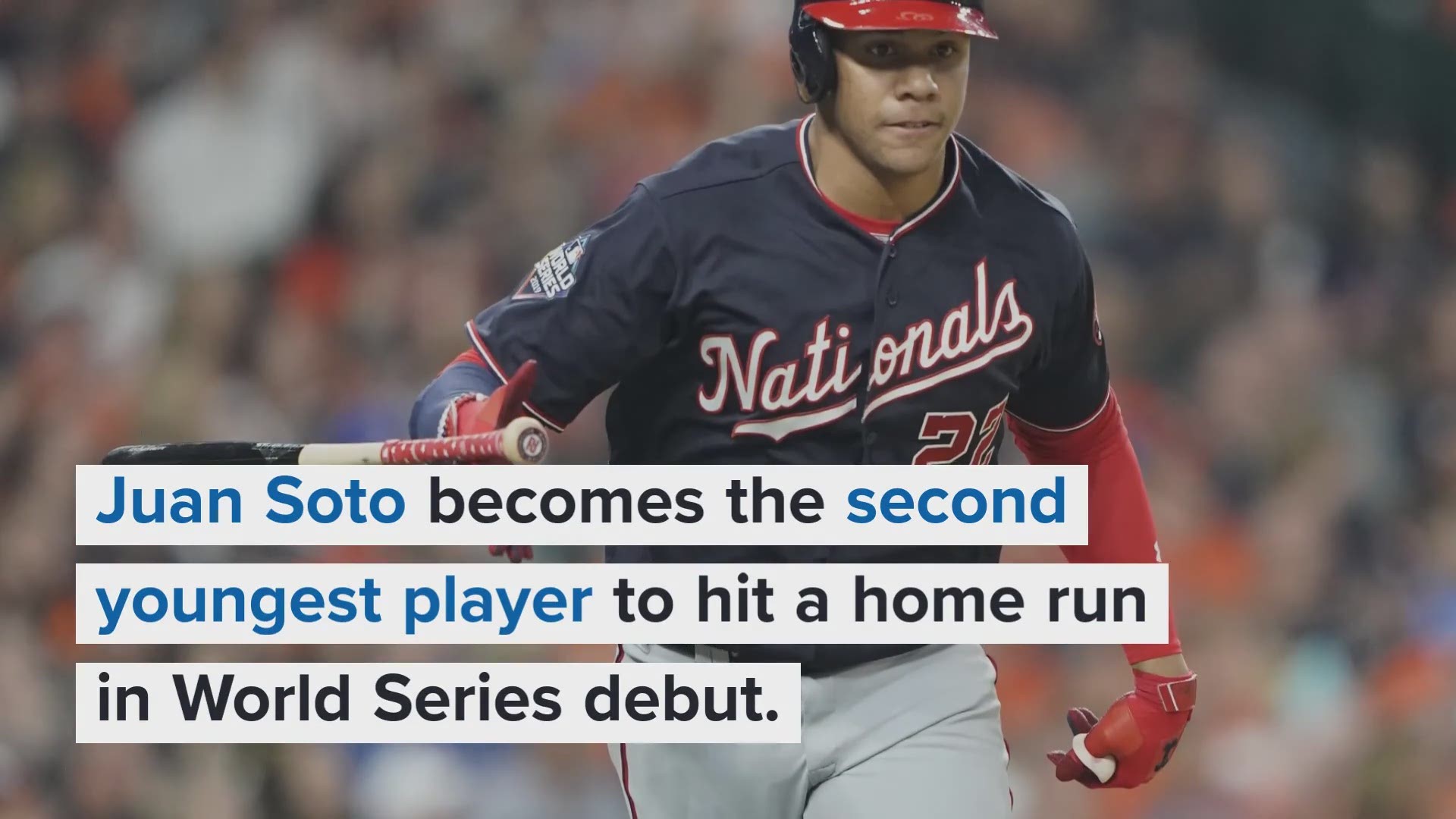 A Juan Soto solo home run helped the Washington Nationals tie the Houston Astros 2-2 in Game 1 of the 2019 World Series.