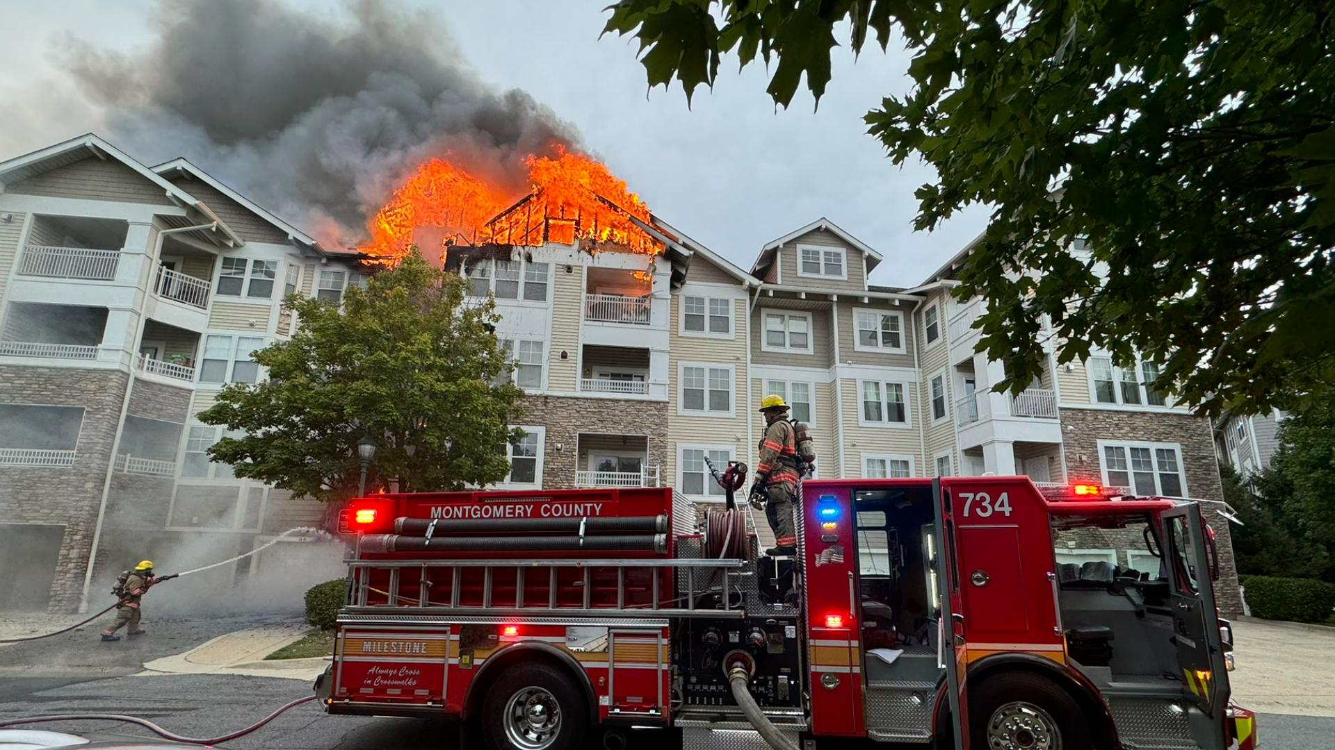 Authorities were alerted of a fire in a four-story residential complex. Two people were transported to a local hospital with non-critical injuries.