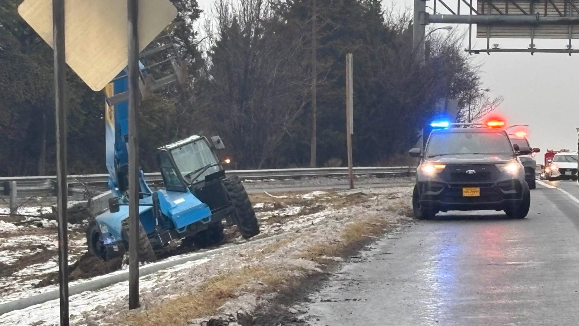 A man is in custody after he stole and crashed a forklift off of I-495 Thursday morning.