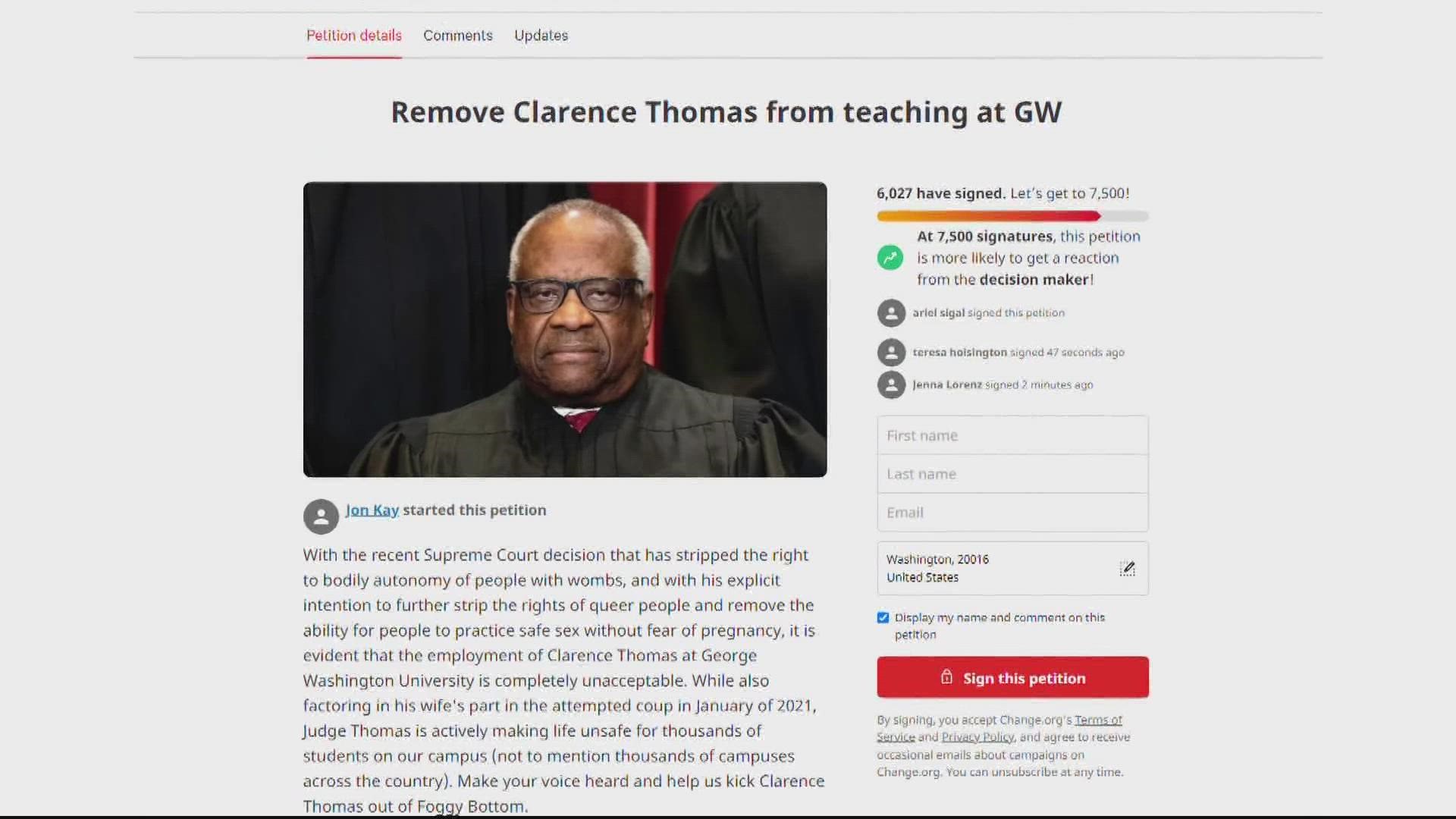 Students create petition to remove US Supreme Court justice from teaching at George Washington University.