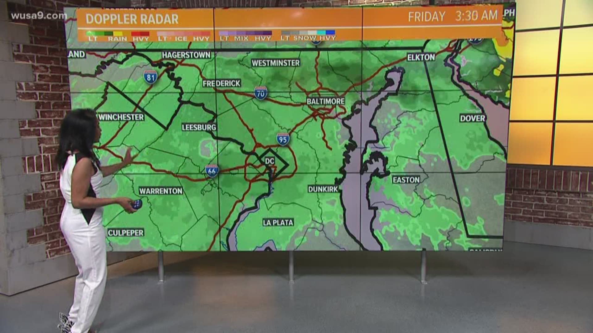 Showers and storms are in the forecast Friday. Here's the timeline:
Friday  5 a.m. - 12 p.m. - Cloudy with scattered showers/storms.  

Friday Noon. - 7p.m. - Showers and storms, some strong/severe with heavy rain, damaging winds and even an isolated tornado.

Friday Night:  Showers pulling away, windy and colder.