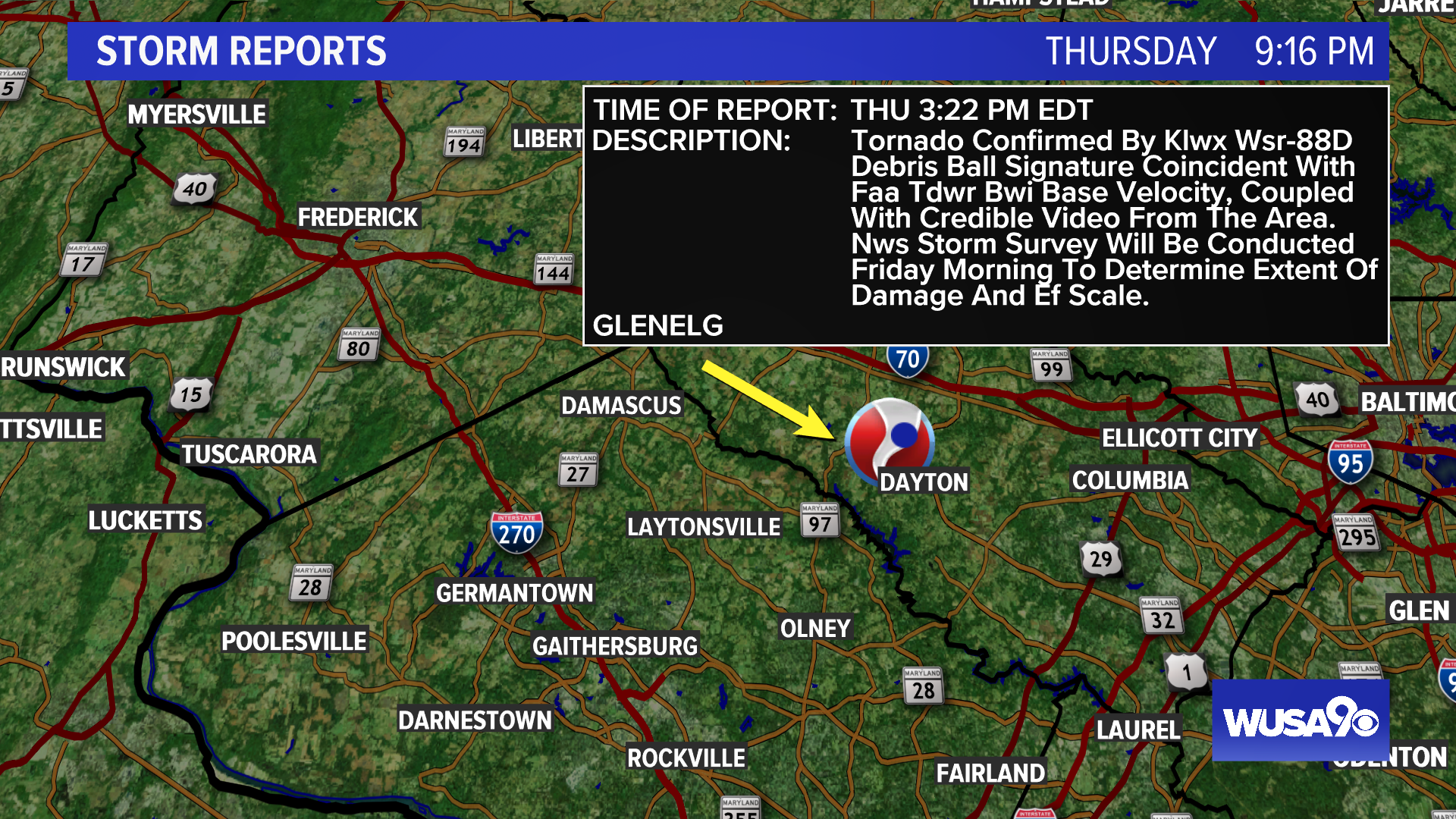 Preliminary reports show a tornado touched down in Glenelg, Md. on Thursday afternoon.