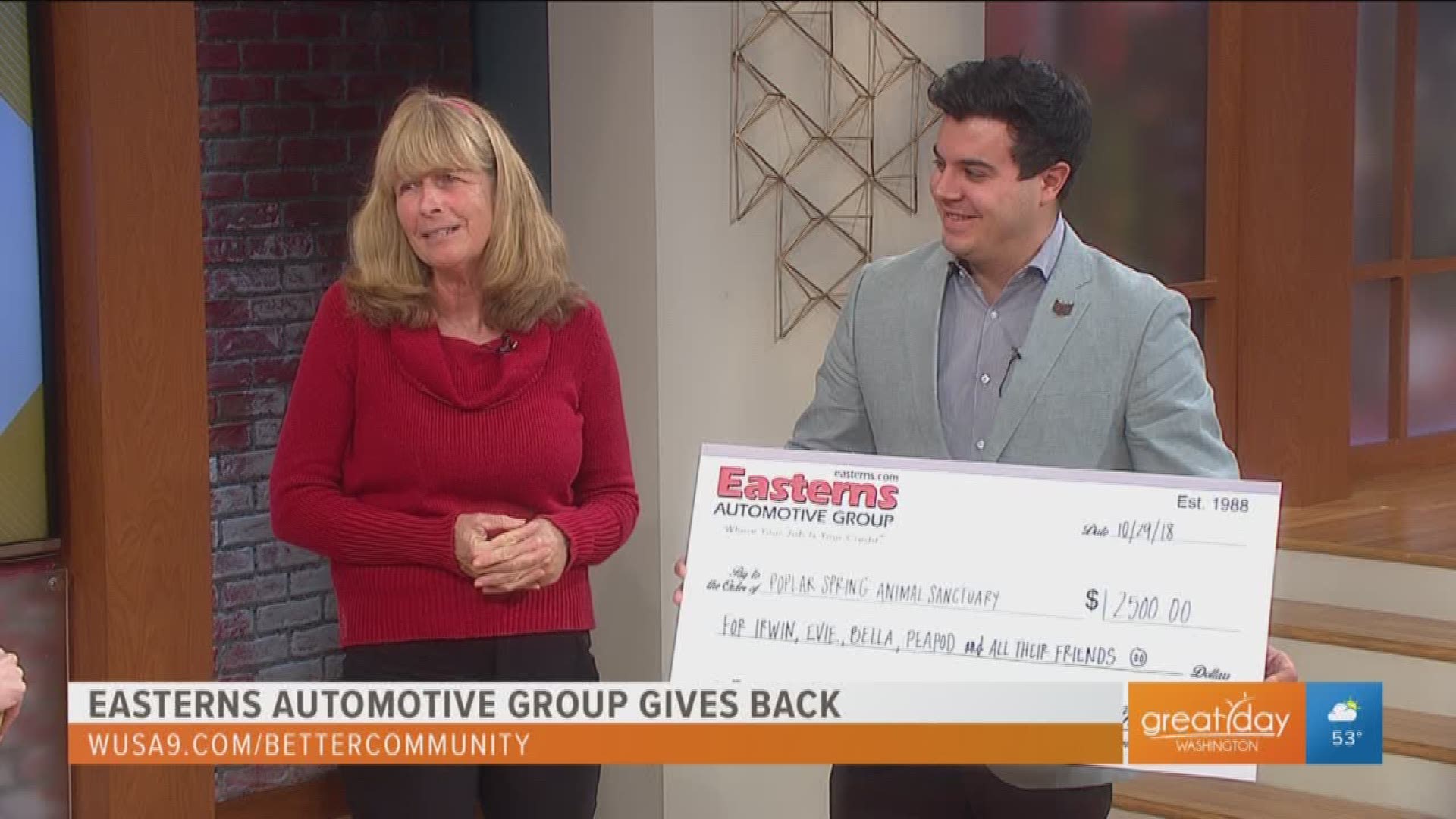 Joel Bassam of Easterns Automotive Group presented Terri Cummings of Poplar Spring Animal Sanctuary with a $2,500 check to help farm animals and wildlife in Poolesville, Maryland. If you want to learn more about Easterns Automotive Group and how they give