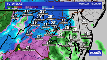 Chilly Sunday, winter weather Monday morning