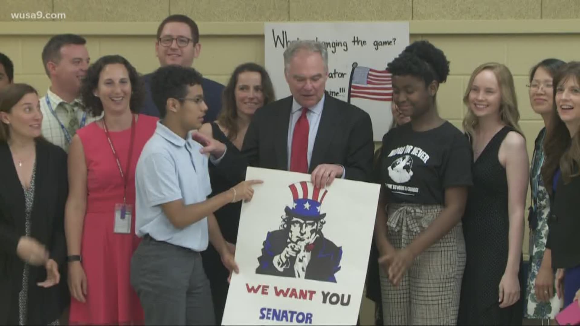 Virginia Senator Tim Kaine spoke to an enthusiastic group of middle school students today in Northern Virginia. Janice Park tells us, a group of students at Key Middle School in Springfield, isn't waiting for Congress to act.