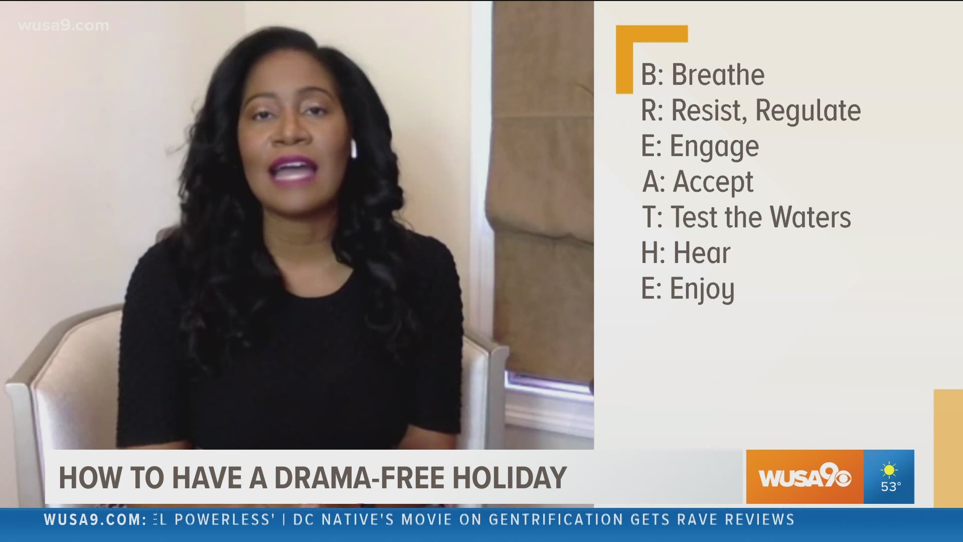 Conflict resolution expert Damali Peterson shares some tips on how to "breathe" and have a drama free holiday.