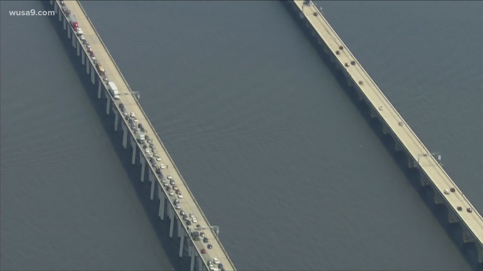 Three westbound lanes of the Chesapeake Bay Bridge are closed due to a 5 vehicle crash.