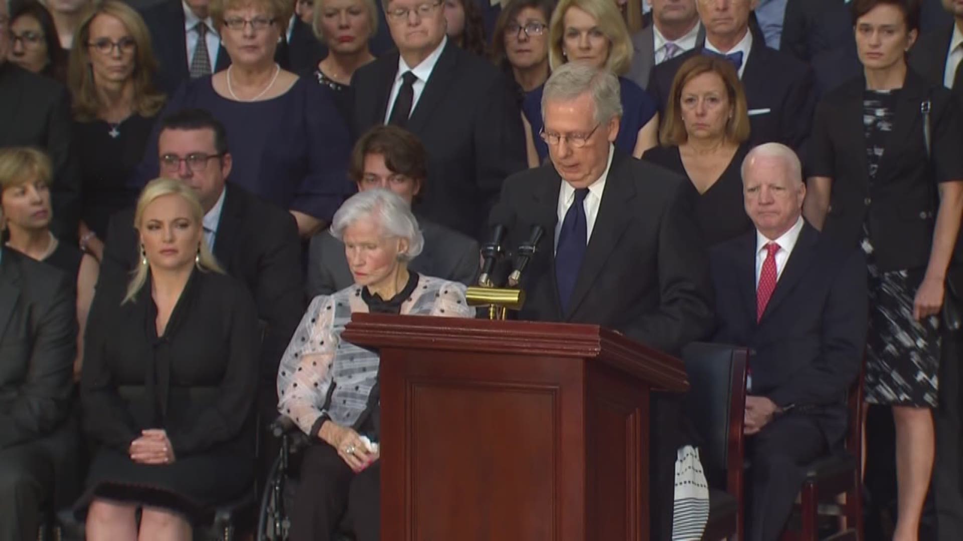 United States Senate Majority Leader Mitch McConnell speaks at John McCain's memorial at the U.S. Capitol Rotunda. 