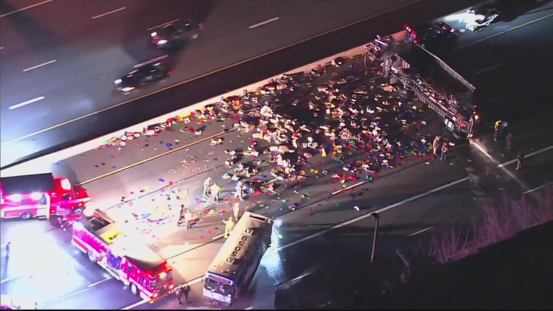 Southbound I-270 was shut down in Gaithersburg after a box truck collided with a Ride On bus spilling paper products and fuel all over the freeway on Monday night.