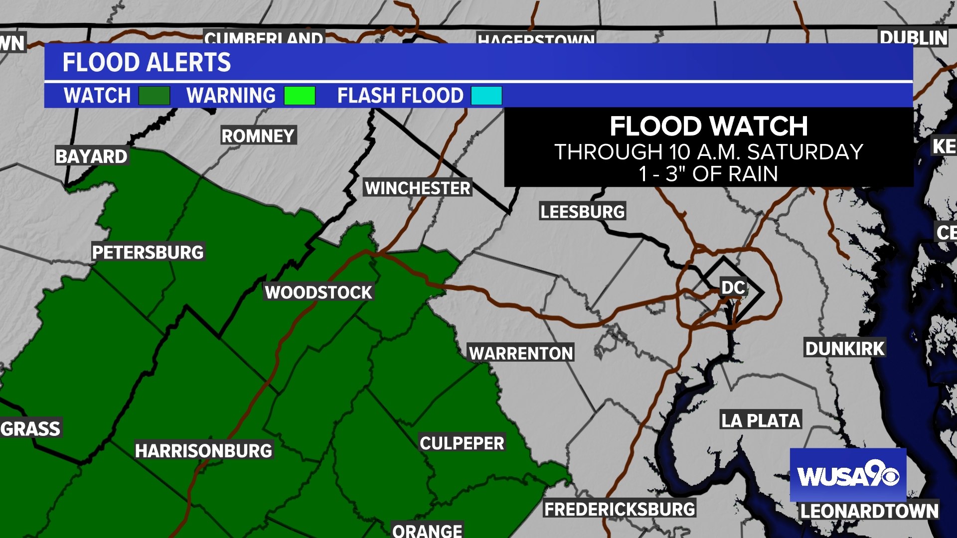 A Flood Watch is in effect for areas south and west of D.C.