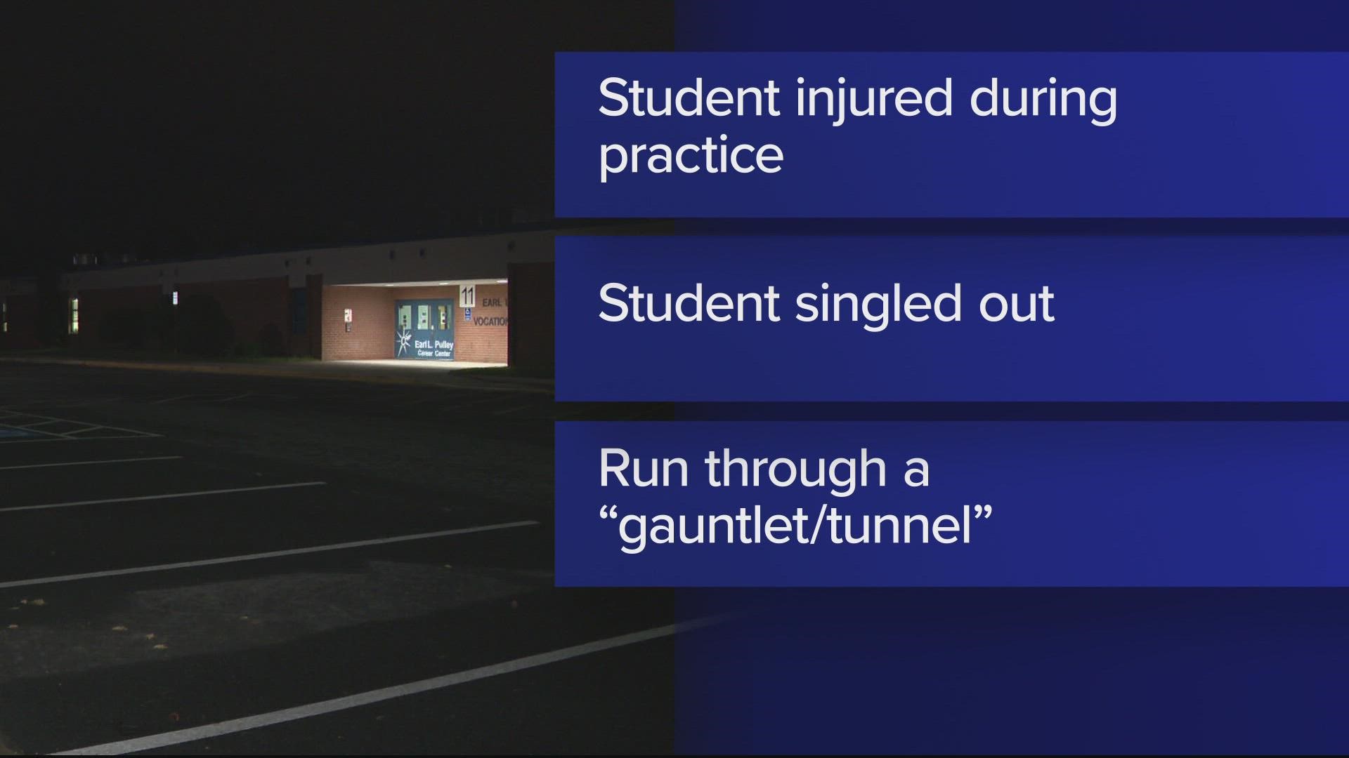 A parent reported that a student was singled out by coaches and was injured while running through a "gauntlet/tunnel," at West Potomac High School.