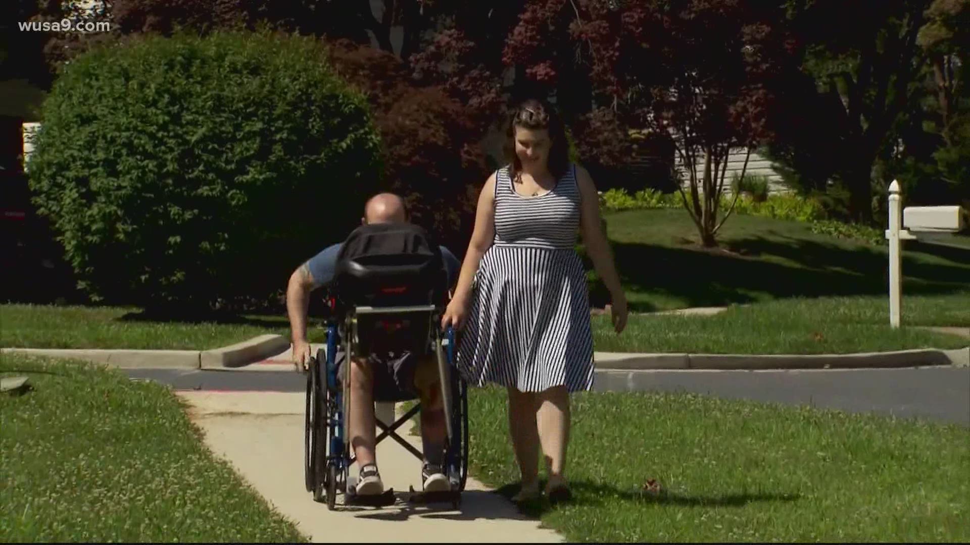 Students a Bullis School adapted a wheelchair to help a man who had brain surgery take his newborn son for a walk.
