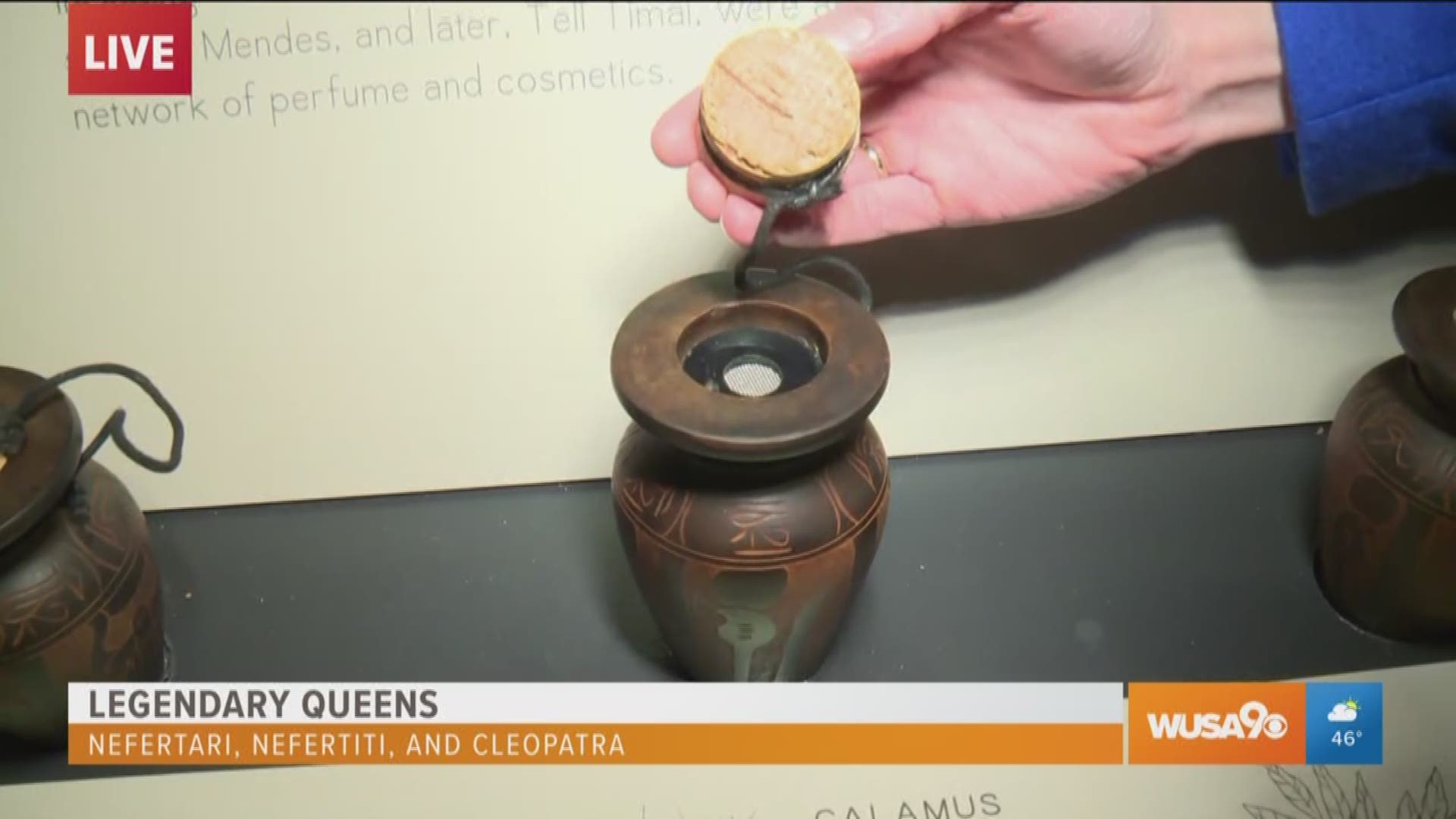 Did you know queens in ancient Egypt wore perfume? Take a whiff of what Cleopatra wore. Andi Hauser describes it as 'earthy'. At the new National Geographic Museum's new exhibit "Queens of Egypt" where you can learn all about these powerful women.