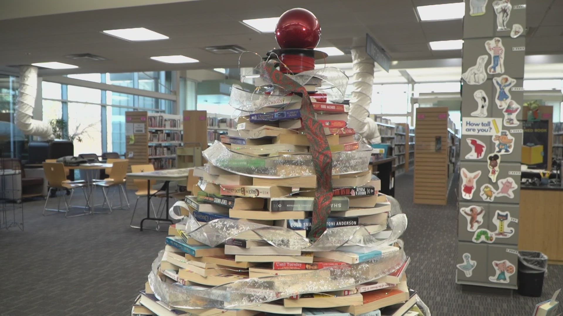 Librarians lovingly call it the book tree. The group has made a tree out of books every year for 8 years.