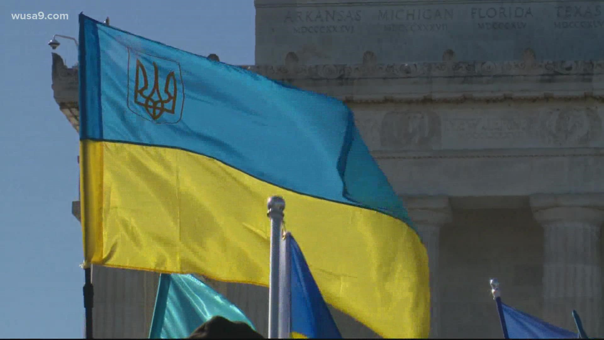 A rally in support of Ukraine began at the Lincoln Memorial on Sunday before heading to the White House.