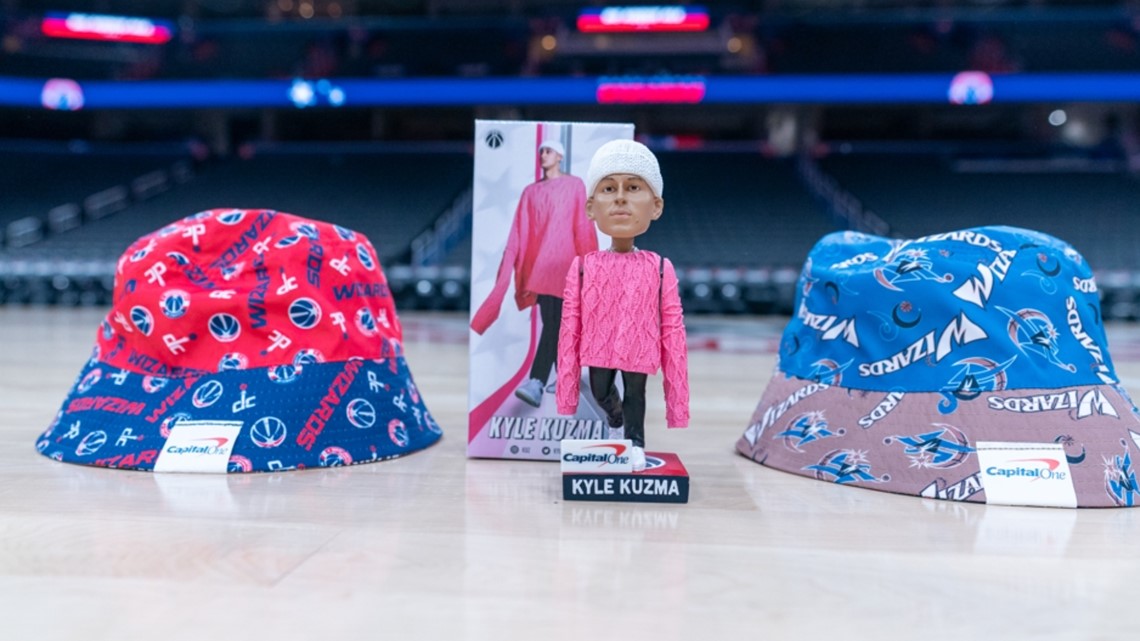 Wizards holding amazing Kyle Kuzma pink sweater bobblehead giveaway