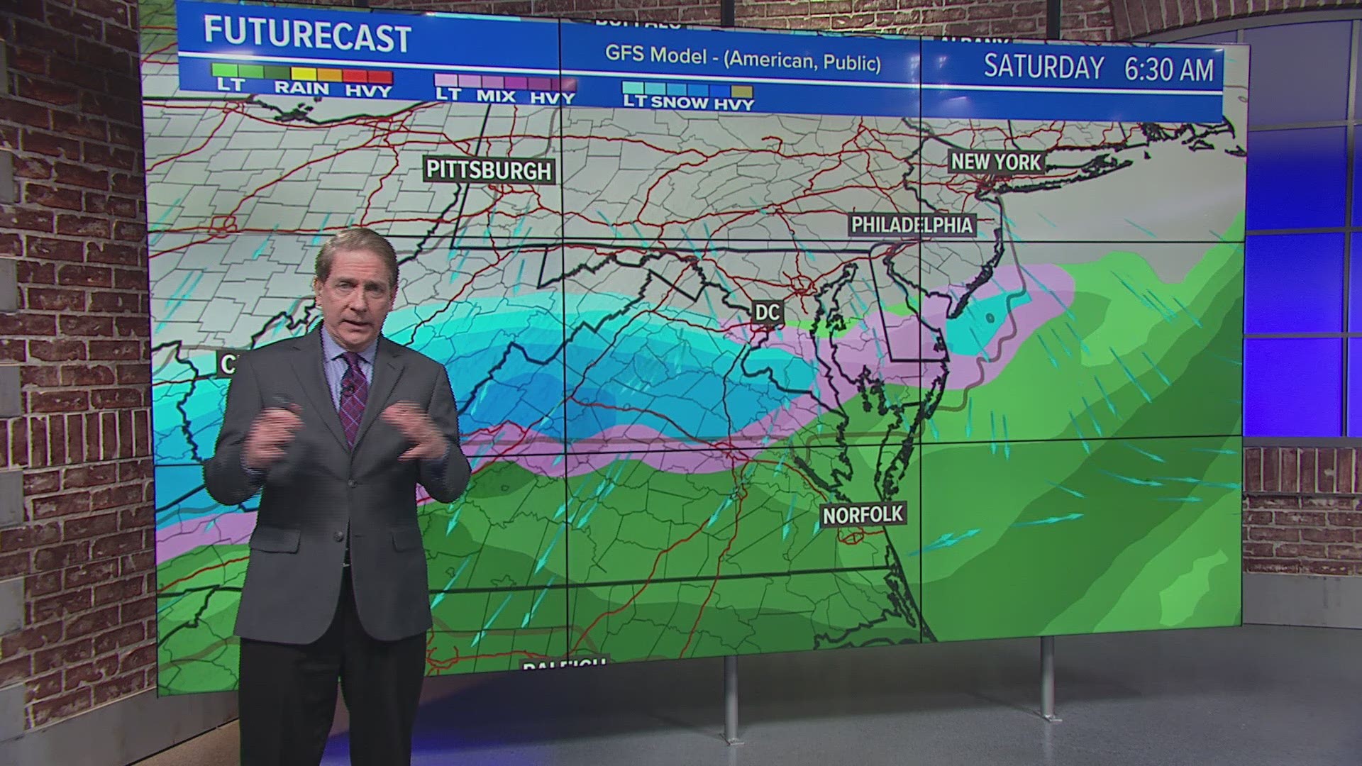 Snow and a mix are possible Saturday, mainly south of DC with light rain possible late Sunday. Rain and a wintry mix, including freezing rain are possible Tuesday night - Wednesday