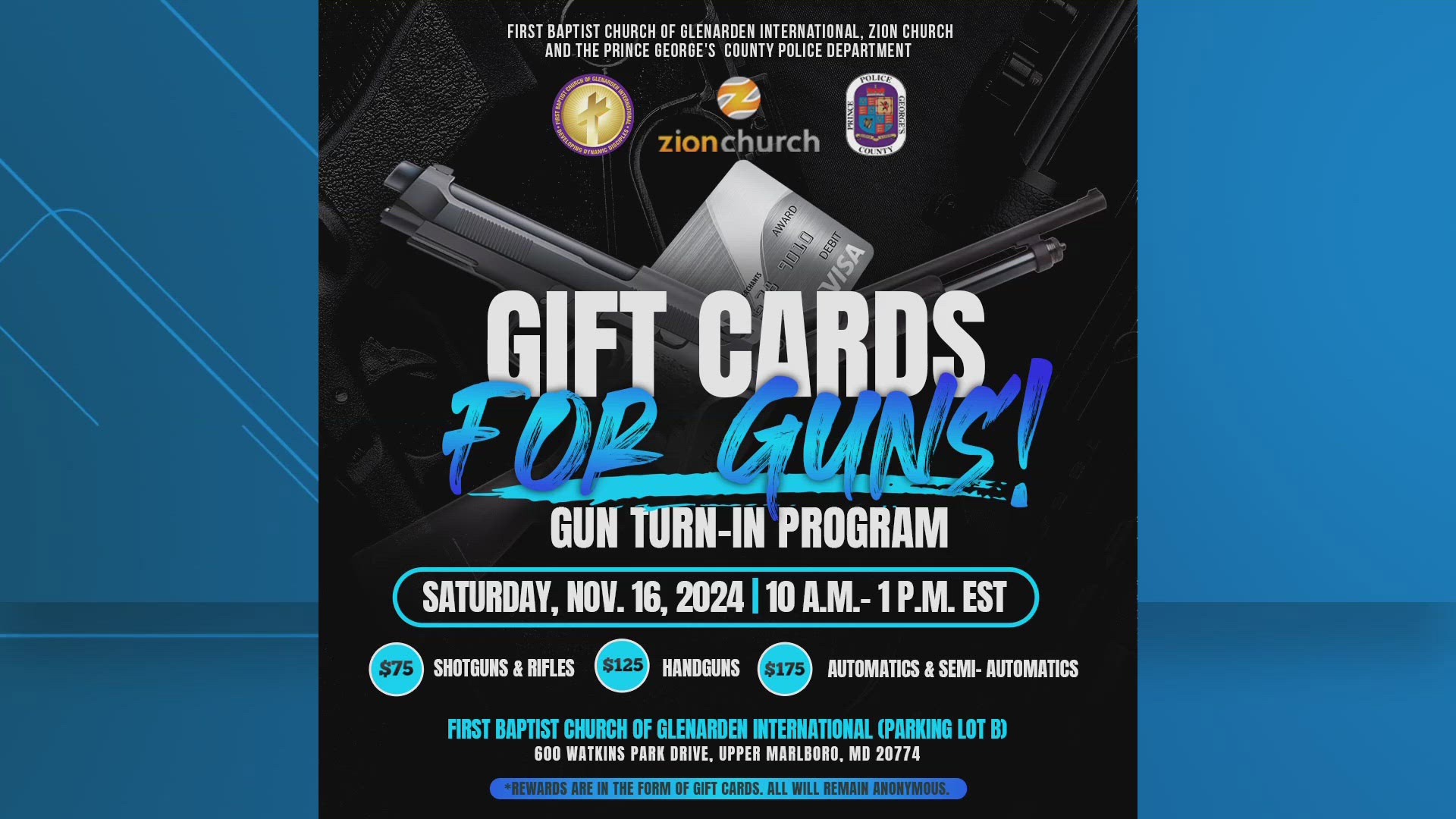 Prince George's County Police Department will be setting up Saturday outside the First Baptist Church of Glenarden International in Upper Marlboro.