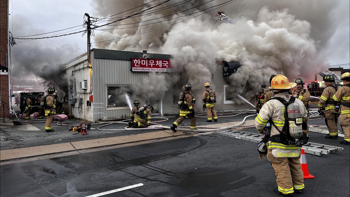 Firefighters fight gas-fed fire at businesses in Fairfax County