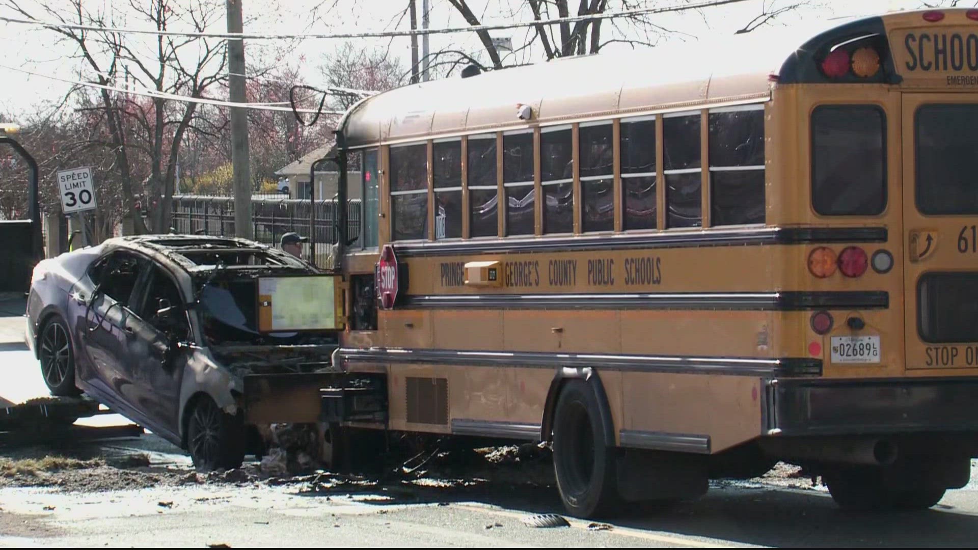 A head-on crash involving a car and a school bus on Suitland Road the bus driver and an aid to the hospital Thursday morning.
