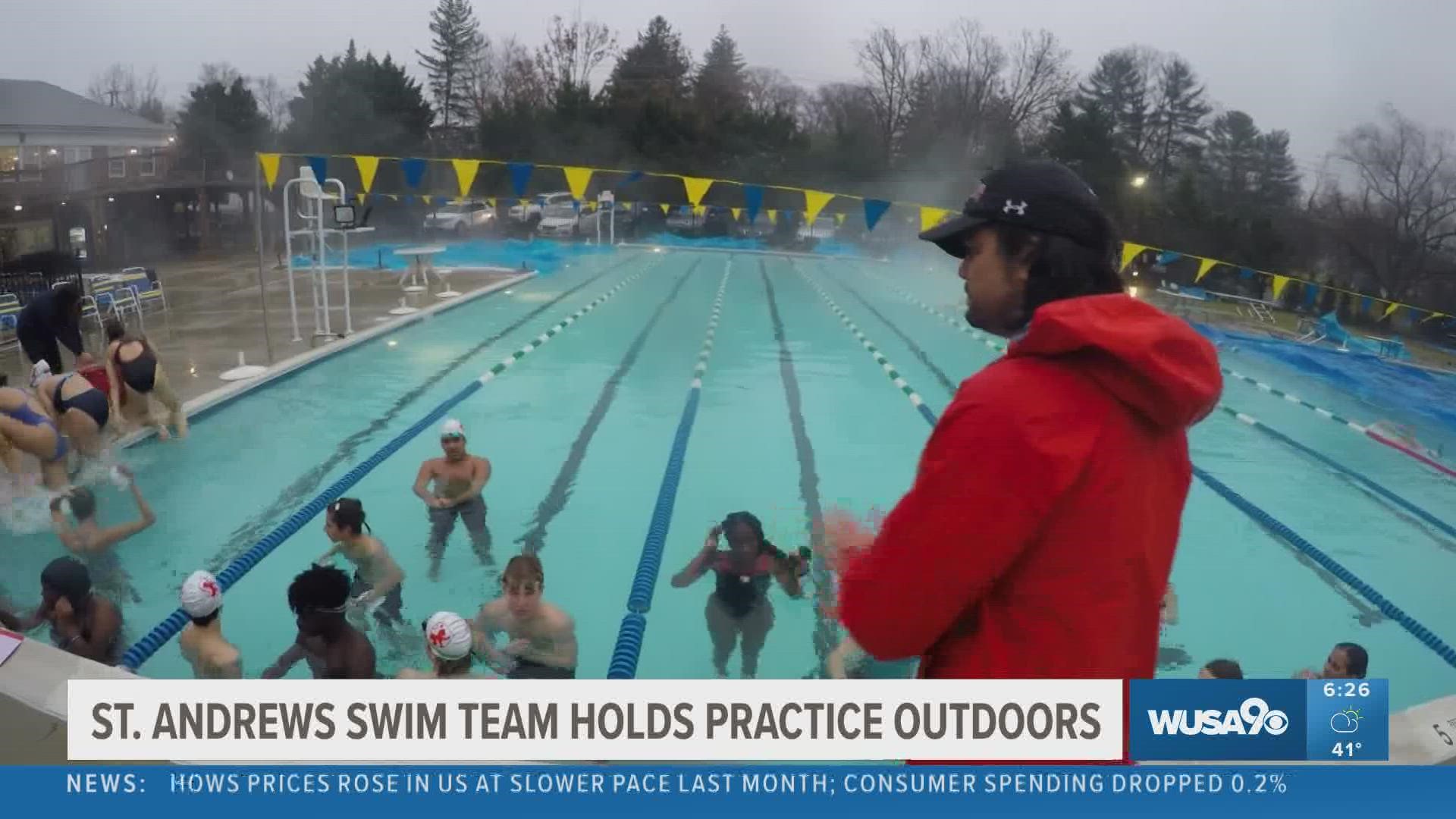 The St. Andrews swim team holds practice outdoors in the dead of winter in Maryland.