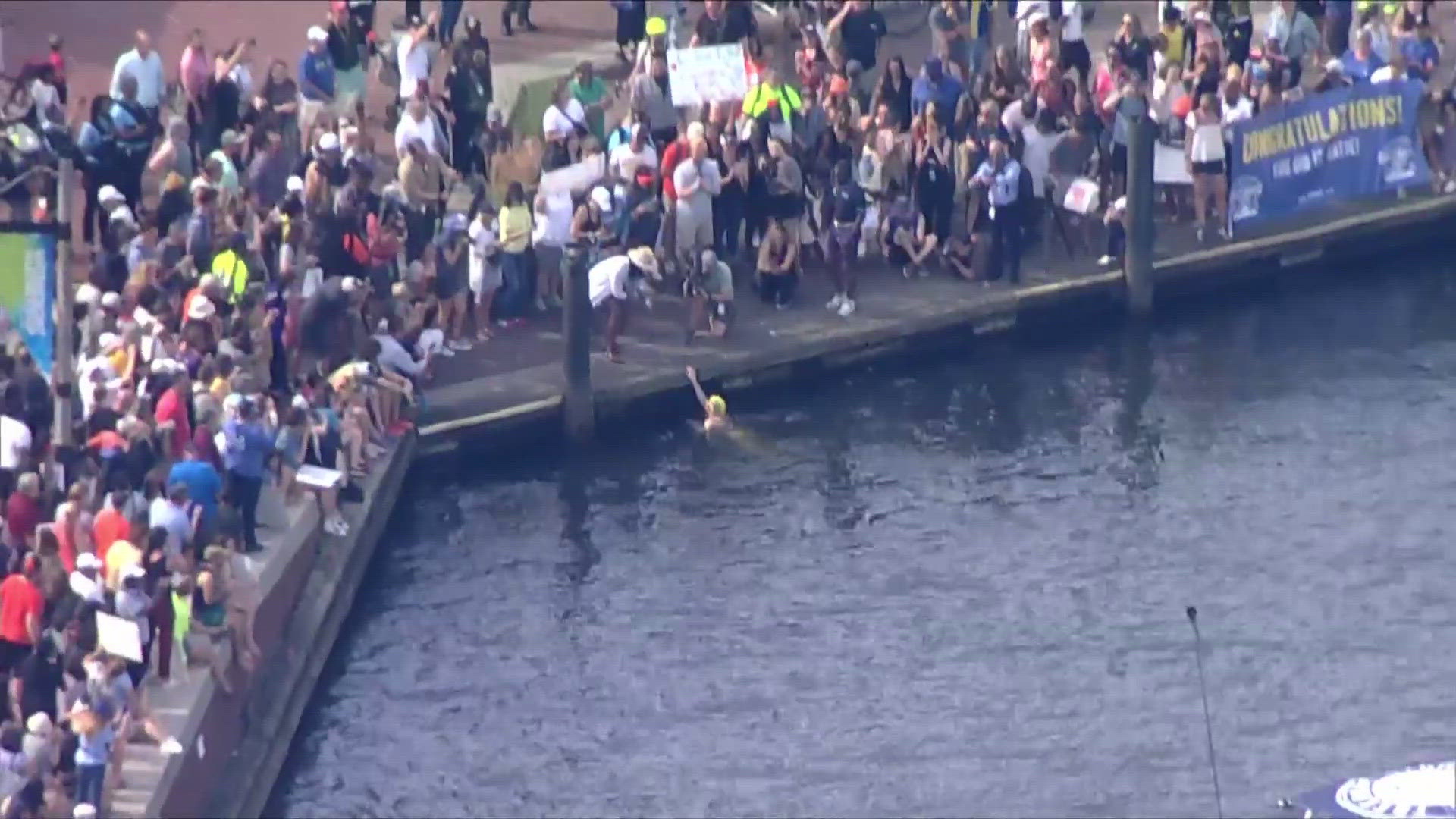 Endurance swimming athlete Katie Pumphrey is nearing the end of her bid to swim from the Chesapeake Bay Bridge into Baltimore's Inner Harbor.