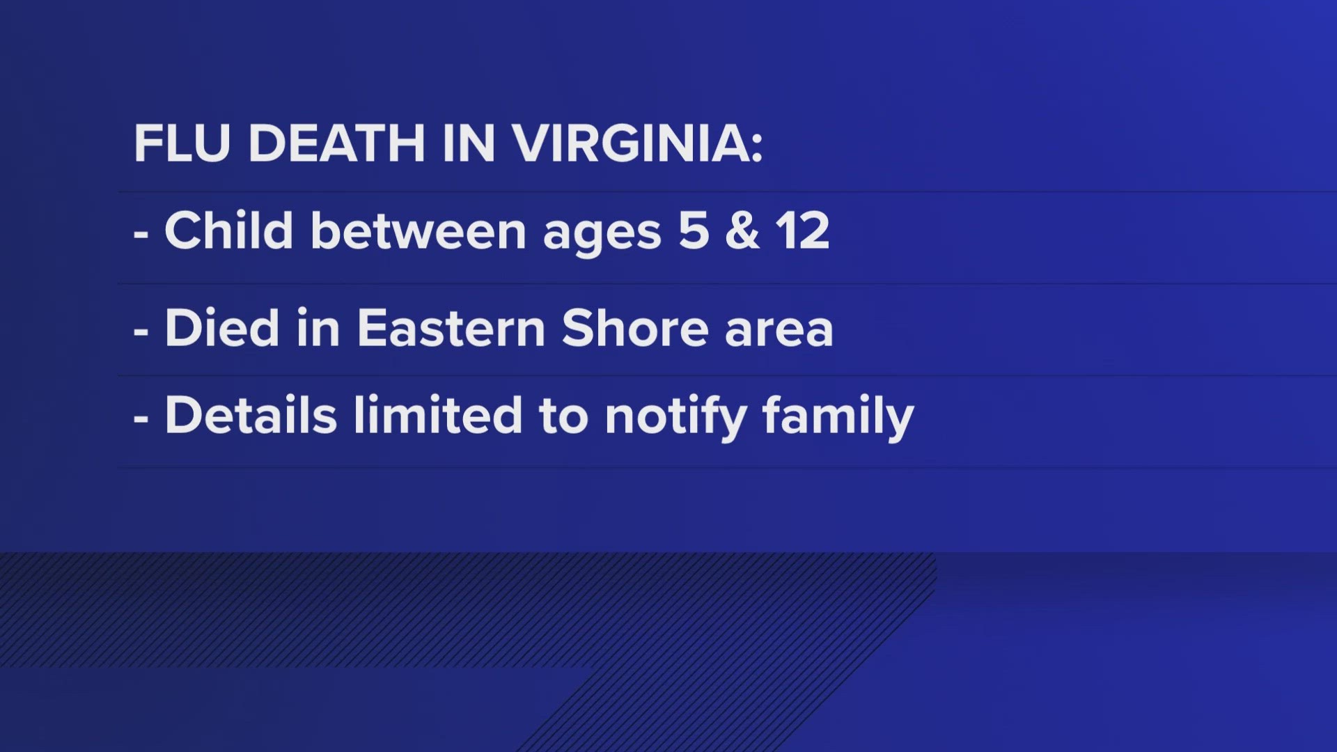 The VDH said the child was between 5 and 12 years old and was in Virginia's Eastern region, which includes Hampton Roads and the Eastern Shore.