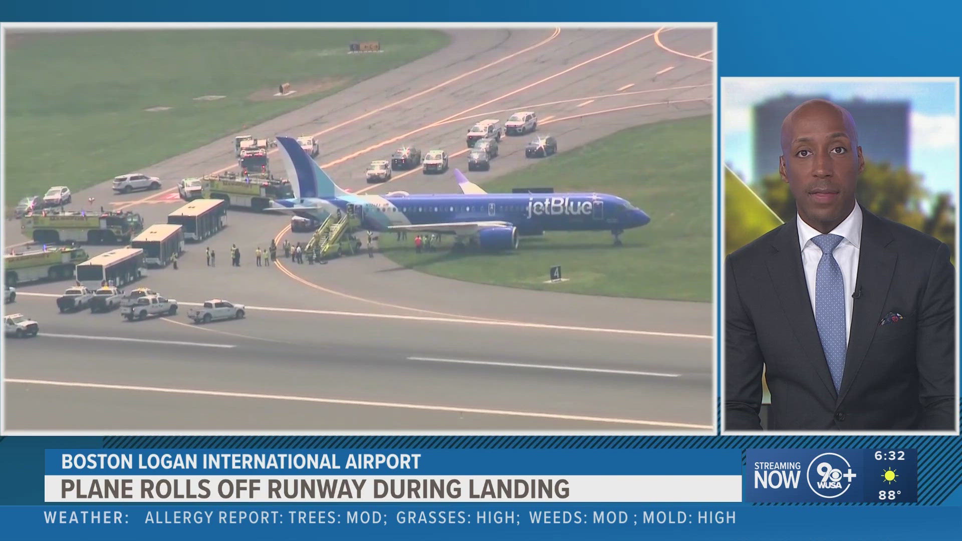 A JetBlue flight landing in Boston rolled off the runway and into the grass on Thursday, an airport spokesperson said.