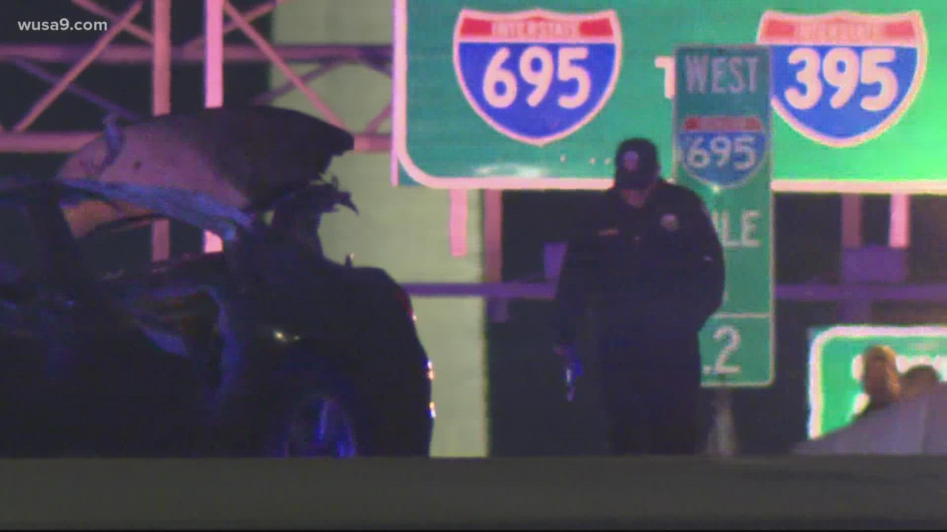 DC police and fire officials say two people are dead Tuesday night from a crash on eastbound I-695.