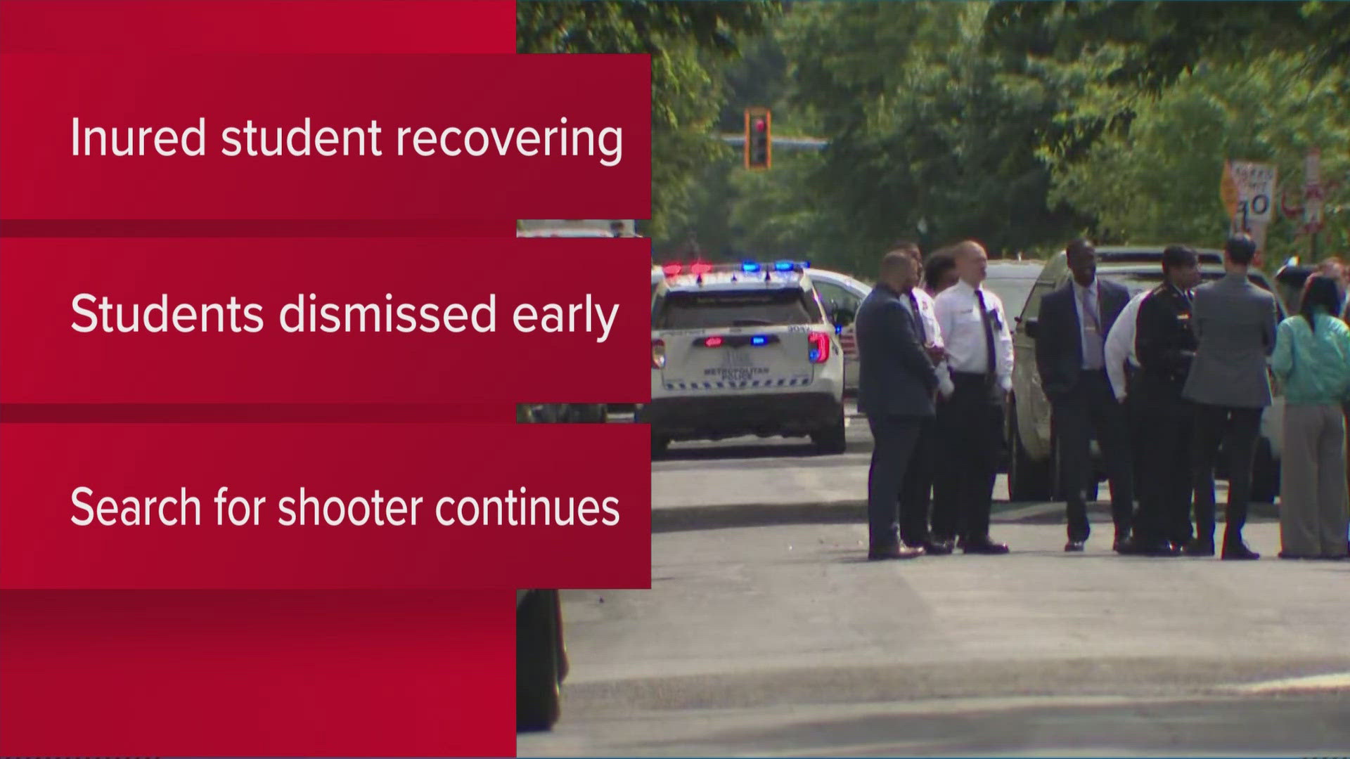 Police say the shots were fired outside the school, and a bullet went through a window, hitting a student. There is no active threat inside the school.