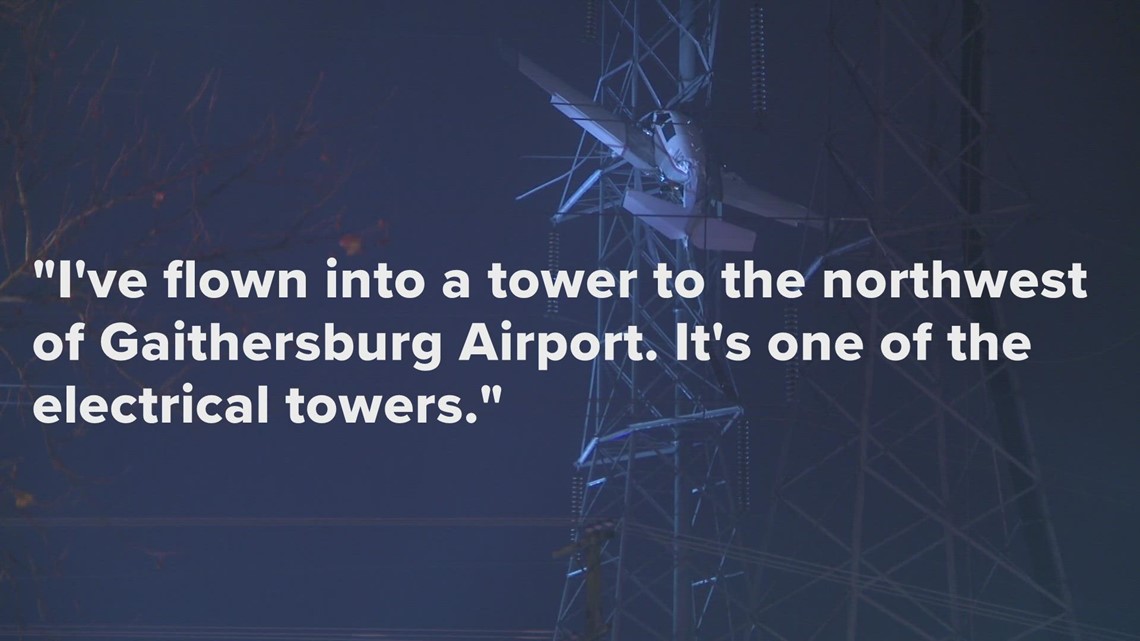 Listen: Pilot calls 911 after crashing into power utility tower in Gaithersburg, Maryland