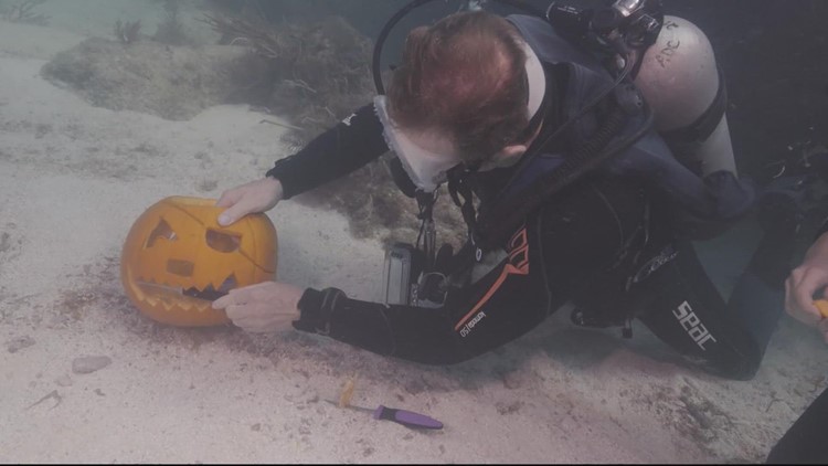 Scuba divers compete in underwater pumpkin carving contest in Florida Keys