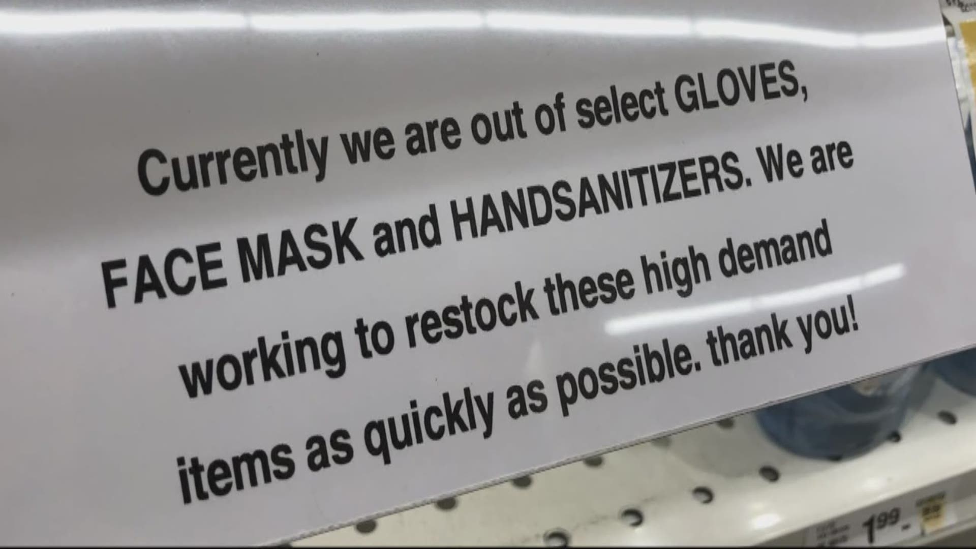 A sampling of suburban pharmacy and grocery stores in Maryland found empty store shelves as people buy up supplies of surgical masks, hand sanitizer and gloves.