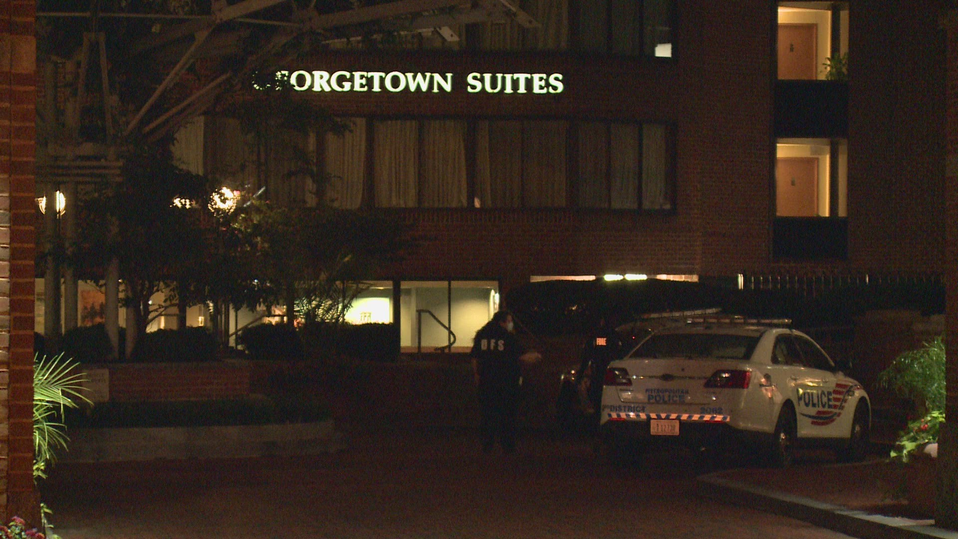 A man was found stabbed in the neck at Georgetown Suites Hotel early Wednesday morning.