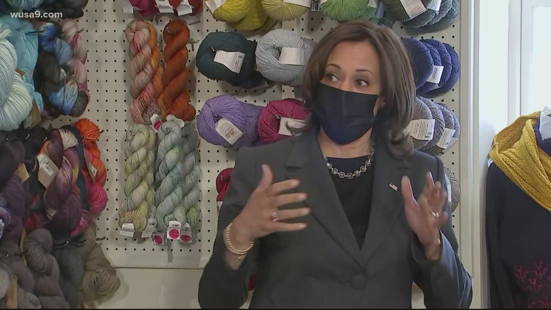 Kamala Harris talked to the owner of Fibre Space and talks about the impact of the American Rescue Plan on small businesses and women .
