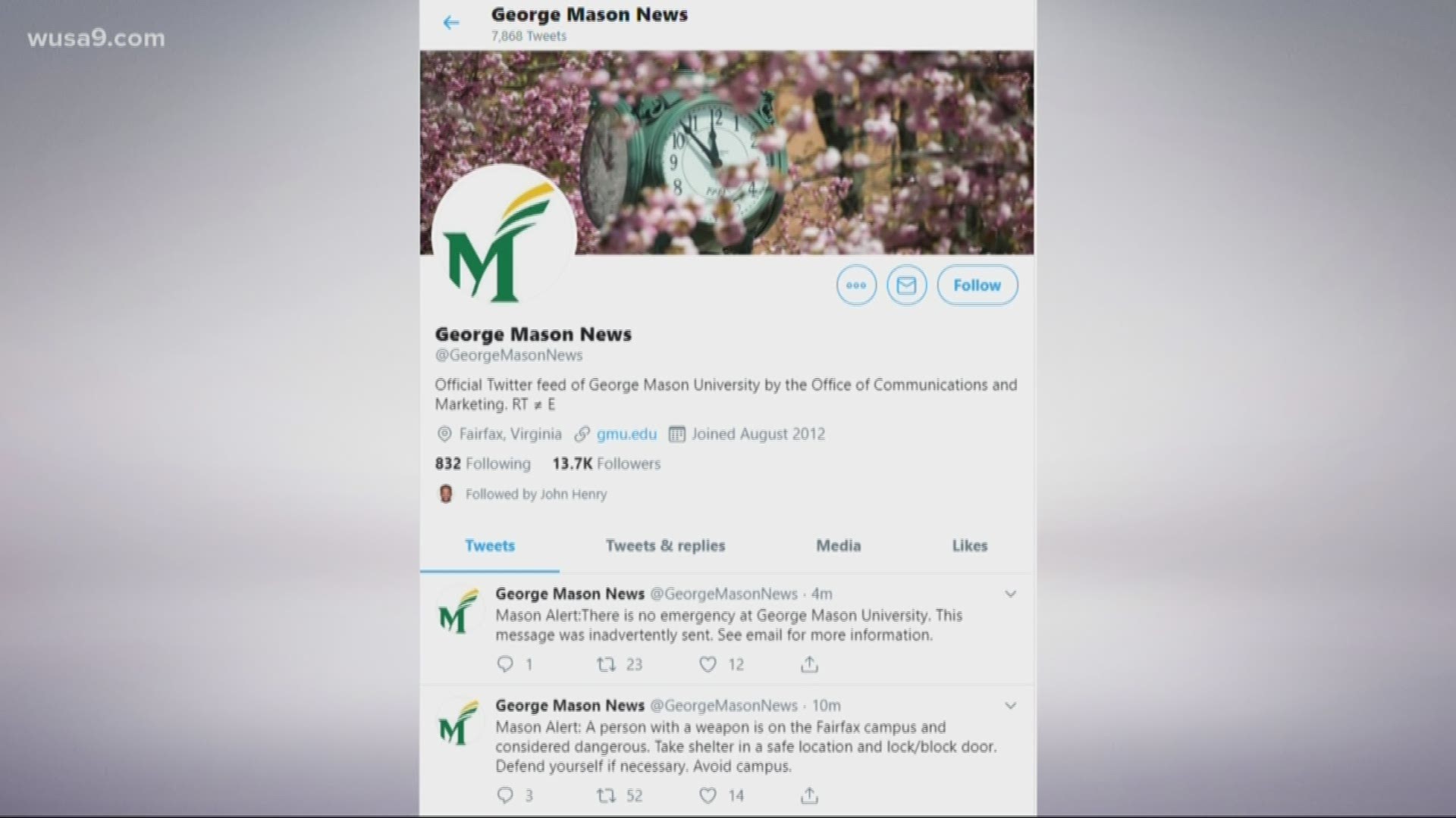 George Mason University "inadvertently" sent an alert telling students, staff members and faculty to shelter in place because there was a person with a weapon on the Fairfax, Virginia campus Tuesday morning.