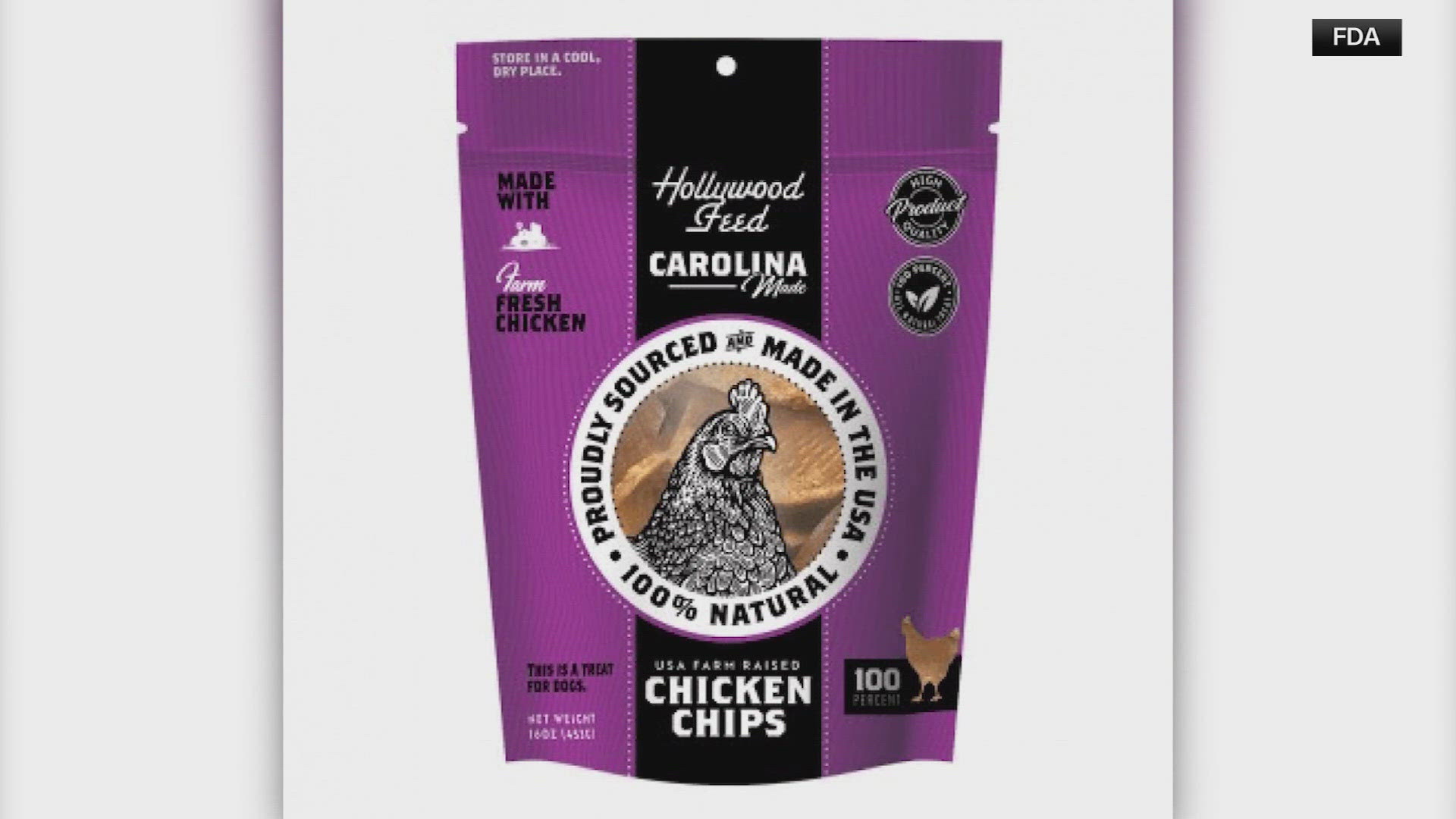 The recall involves 16 ounce bags of "Hollywood Feed Carolina Made Chicken Chips."