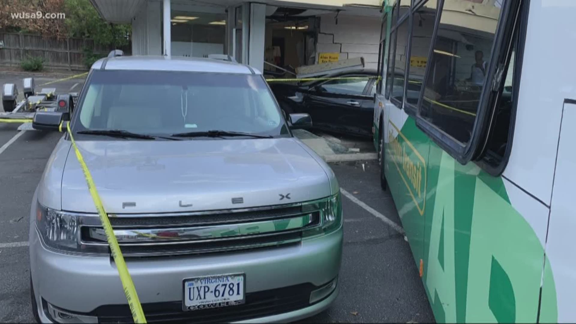An Arlington Transit Bus struck several parked cars and before slamming into a building Tuesday afternoon. The incident happened at Columbia Pike and South George Mason Drive, according to police.