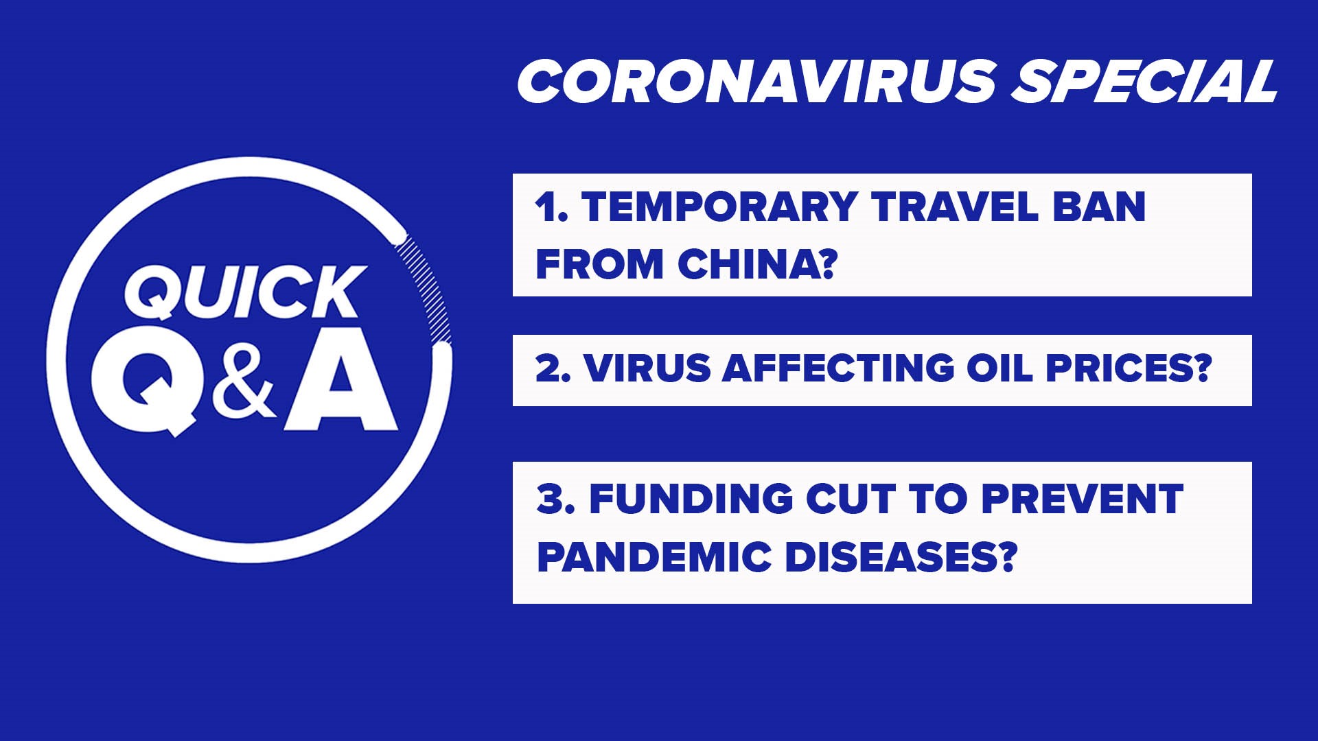 A special quick questions focused on answering questions you have about the Coronavirus. Everything from travel ban, to oil prices and funding issues.