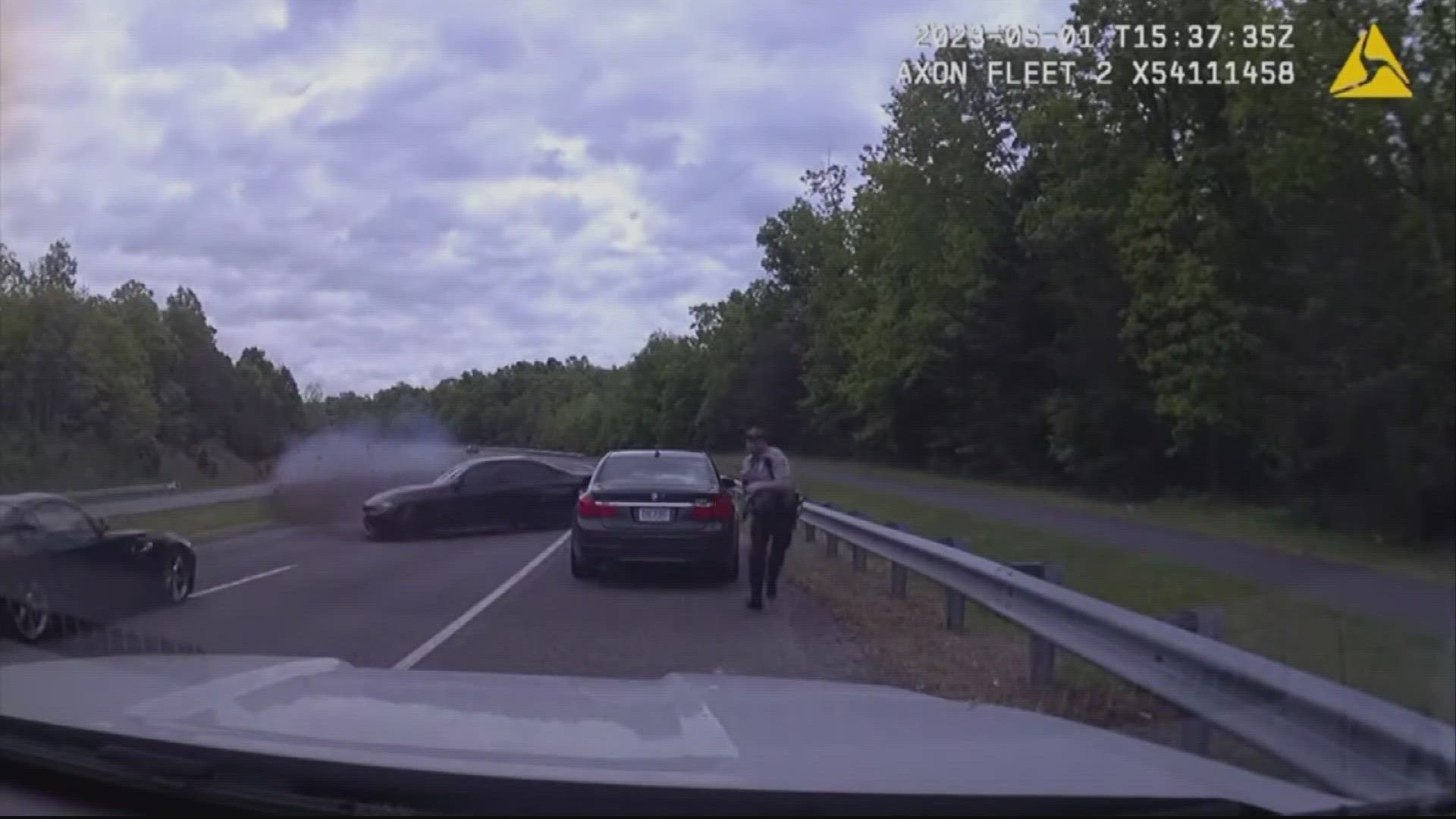 A 17-year-old driver speeding in the opposite direction spins out of control, crossing the median and narrowly avoids hitting a Fairfax County police officer.