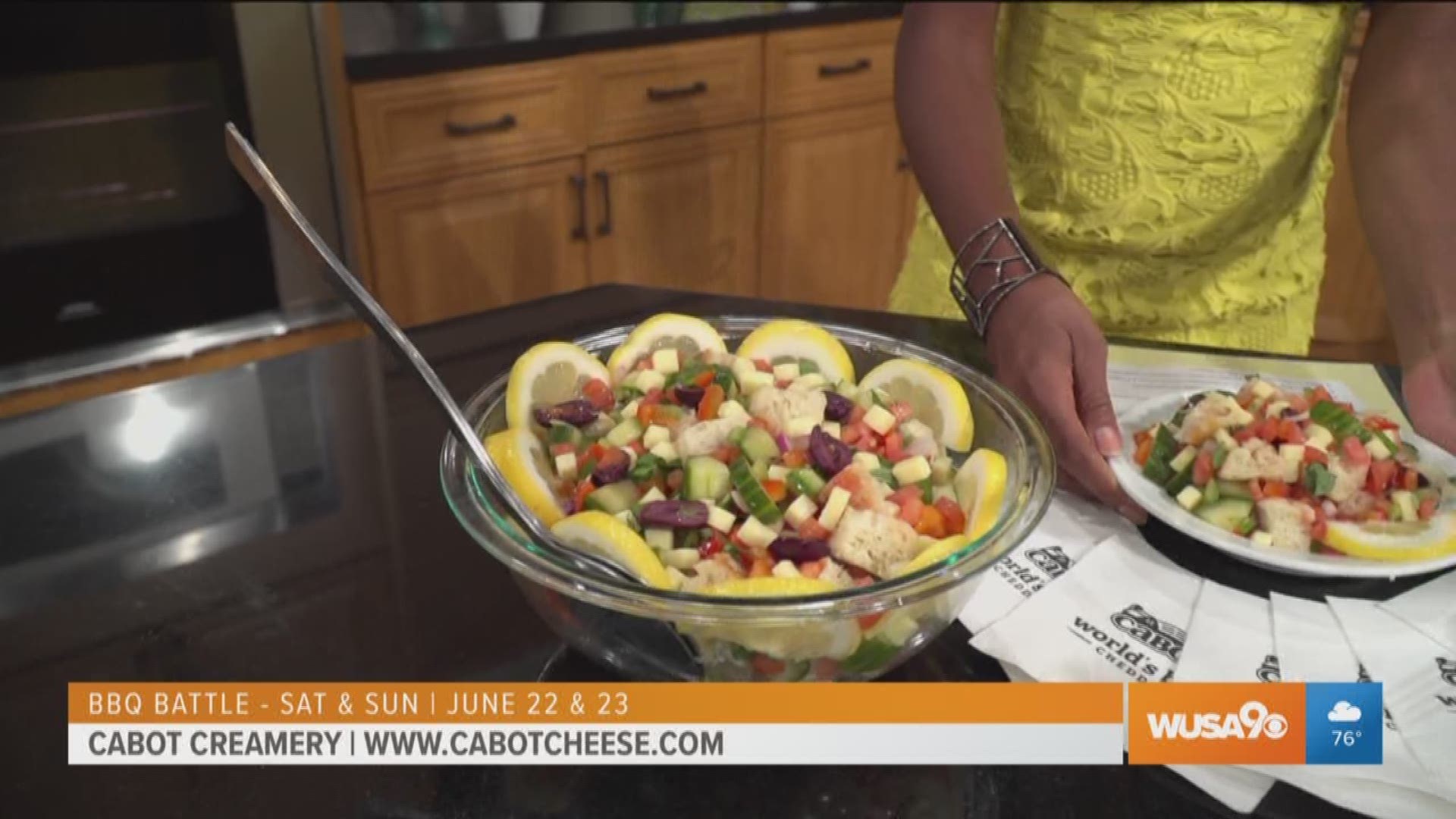Cabot Creamery teaches us how to make a summer bread salad which highlights their Vermont sharp cheddar cheese. Cabot Creamery will be at the BBQ Battle June 22 and 23 on Pennsylvania Ave. between 3rd and 7th streets. To purchase Cabot Creamery products, head on over to www.cabotcheese.com