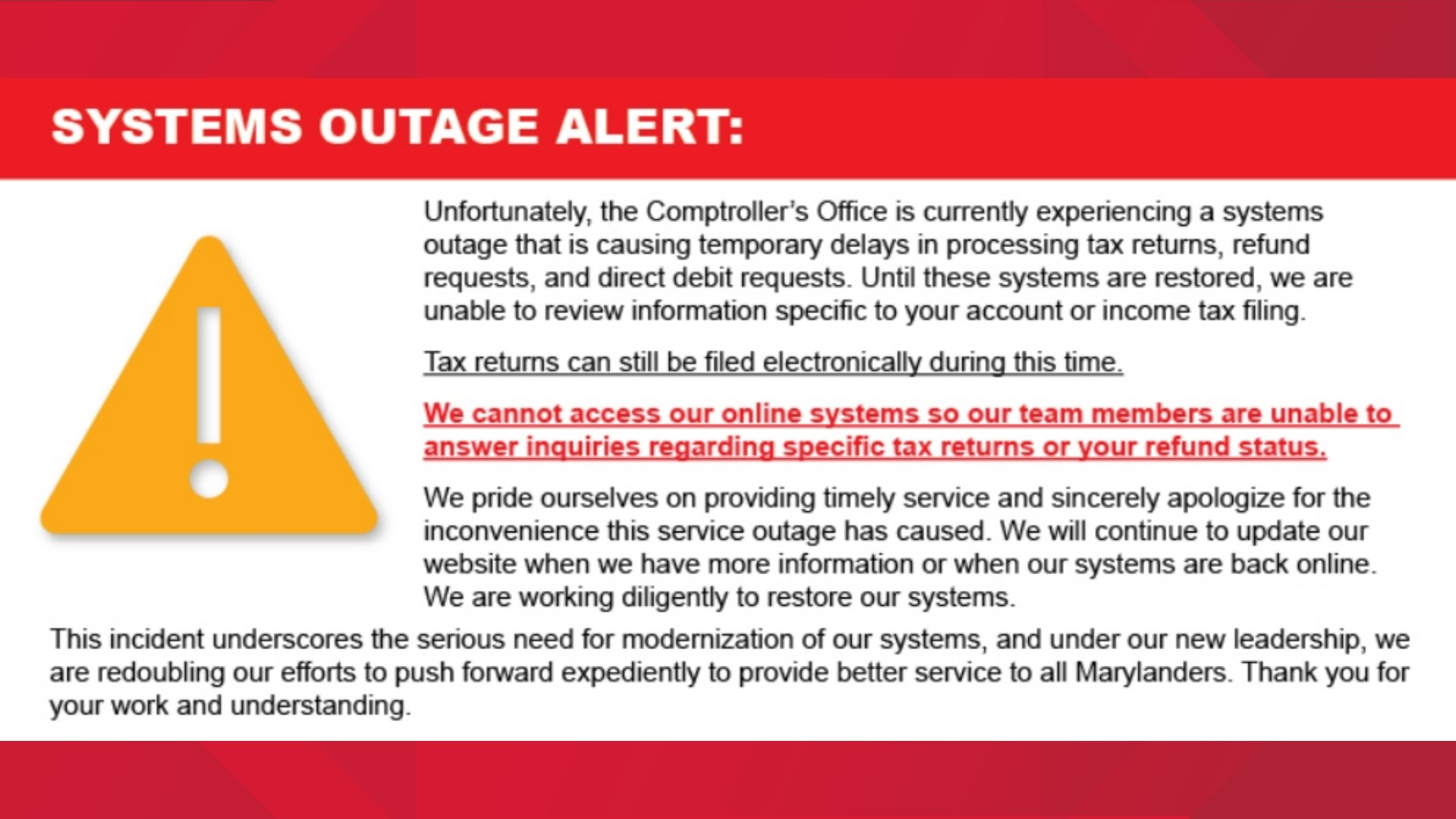 Maryland Comptroller's Office website down restored after outage