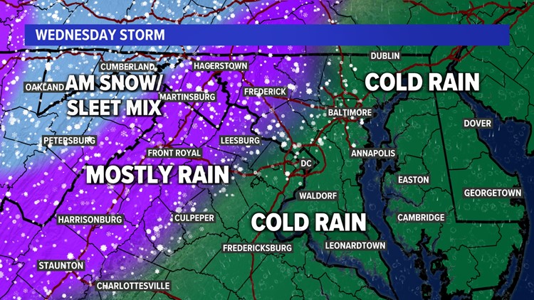 TIMELINE: Rain in DC Metro, wintry mix north and west
