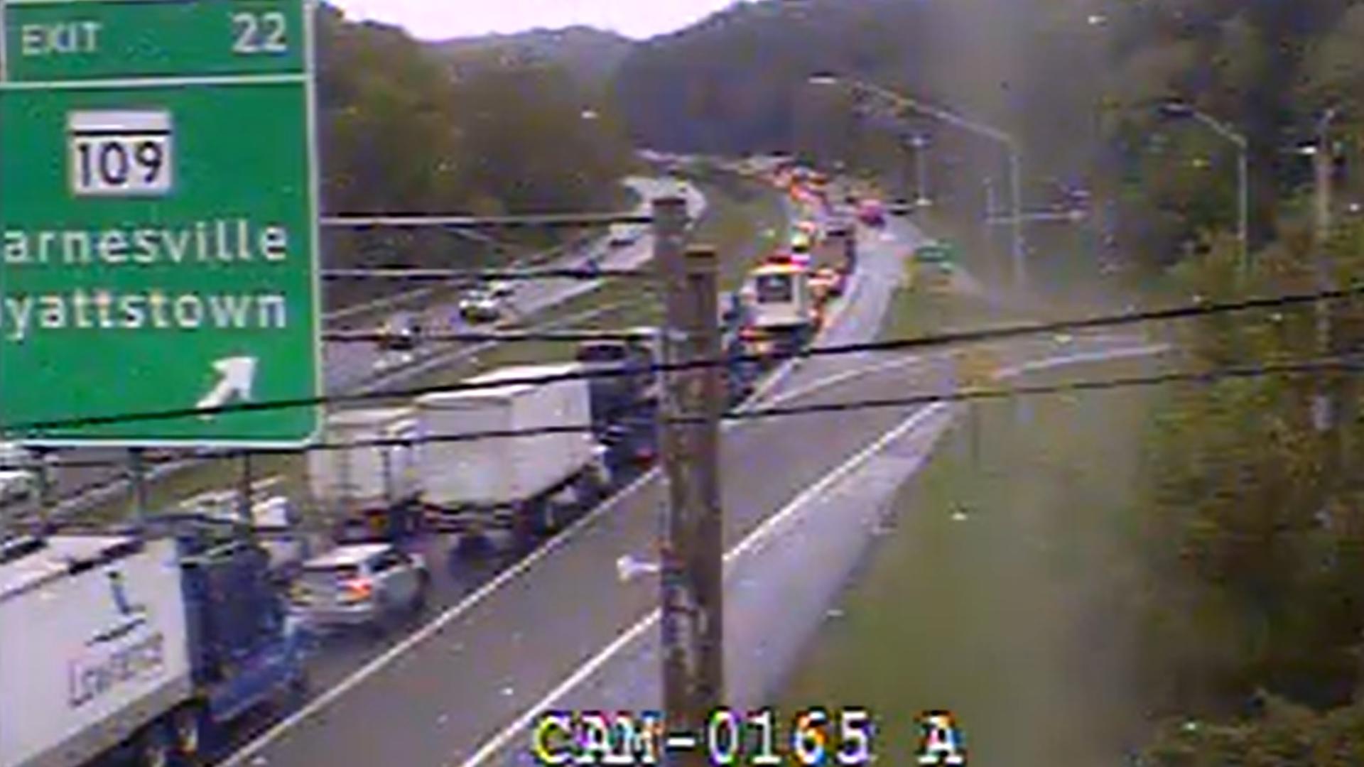 All southbound lanes are blocked at Exit 18 in Montgomery County because of a multi-vehicle crash.