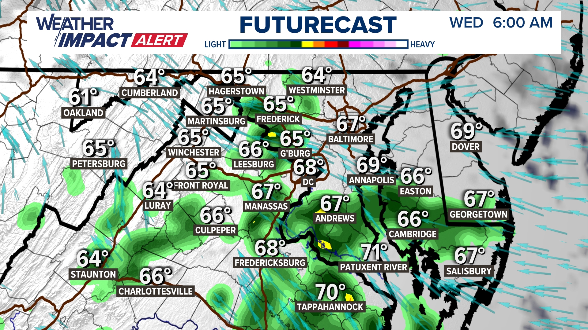 Weather Impact Alert through Wednesday afternoon for showers, drizzle and patchy fog.