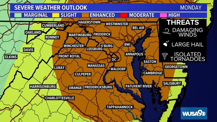 TIMELINE: Strong winds, hail, and an isolated tornado possible Monday in the DMV