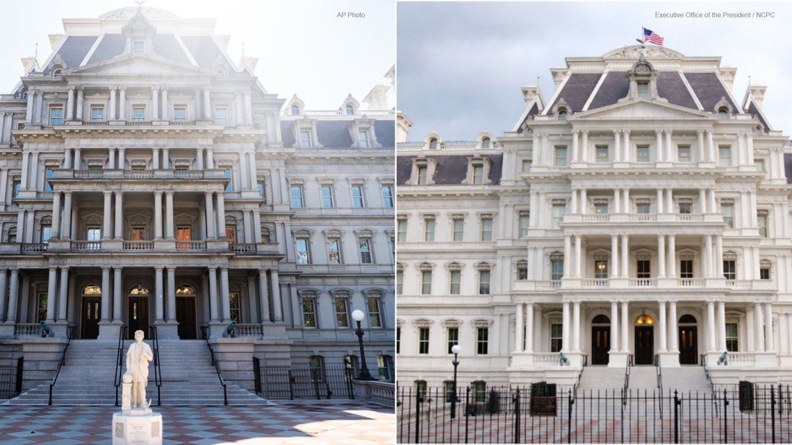Planning commission weighs plans to paint Eisenhower Executive Office Building A Trump administration plan to paint a historic stone building near the White House bright white is facing criticism from preservationists.